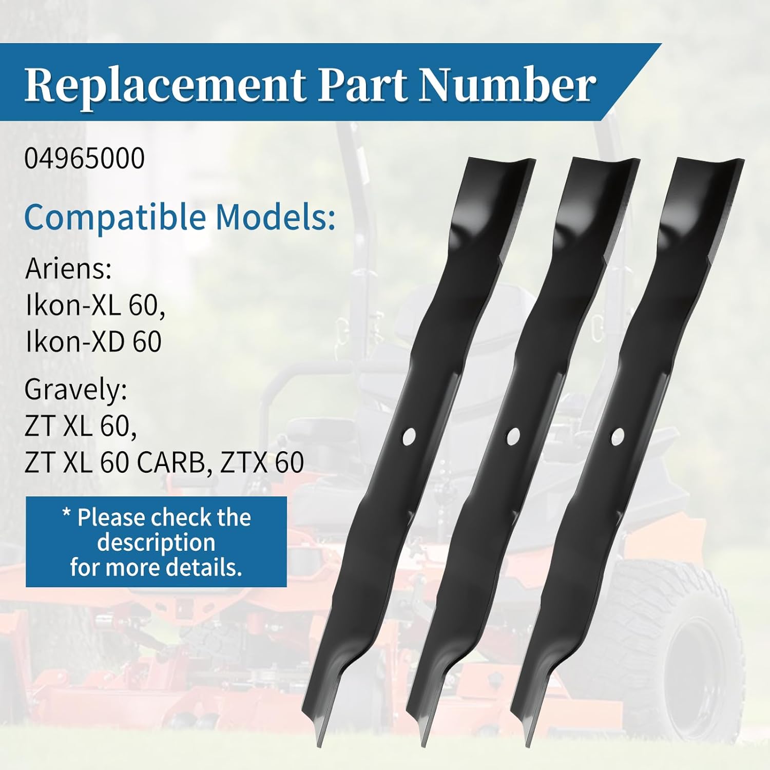 04965000 High Lift Blades for 60" Mower Deck, Compatible with A-riens Ikon XL XD Gravely ZT XL 60, ZT XL 60 CARB, ZTX 60 Lawn Mower, 3 Pack