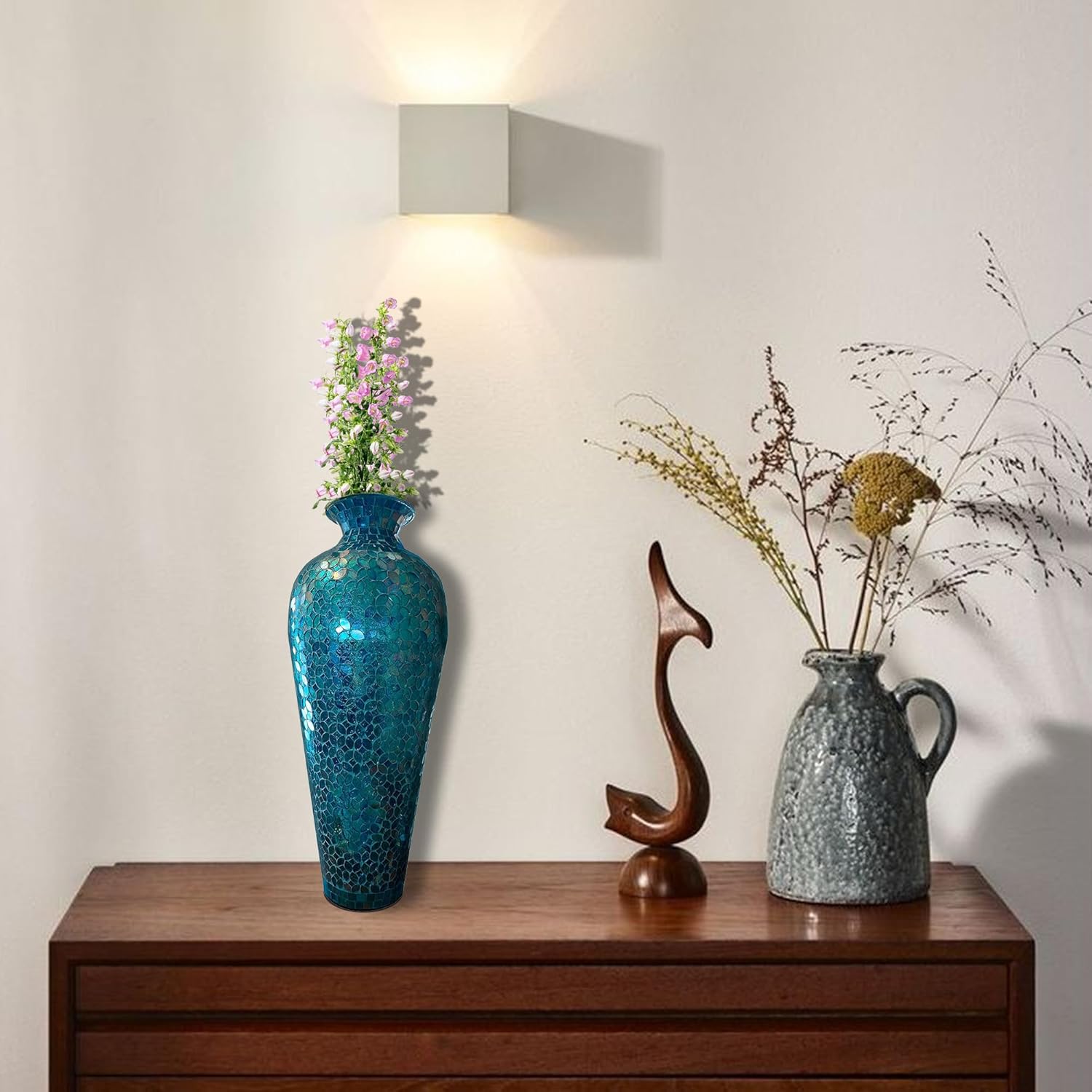 20” Tall Mosaic Floor Vase – Decorative Turquoise Metal Accent with Moorish Floral Pattern Inlay | Handmade Iron Vase for Centerpiece, Living Room, Bedroom & Tabletop Decor