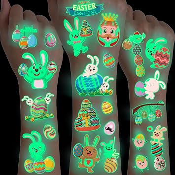 10 Sheets 110 PCS Luminous Easter Tattoos For Kids Rabbit Bunny Eggs Temporary Tattoos Easter Party Decoration Supplies, Glow In The Dark Fake Tattoo Stickers Easter Basket Stuffers Goodie Bag Fillers