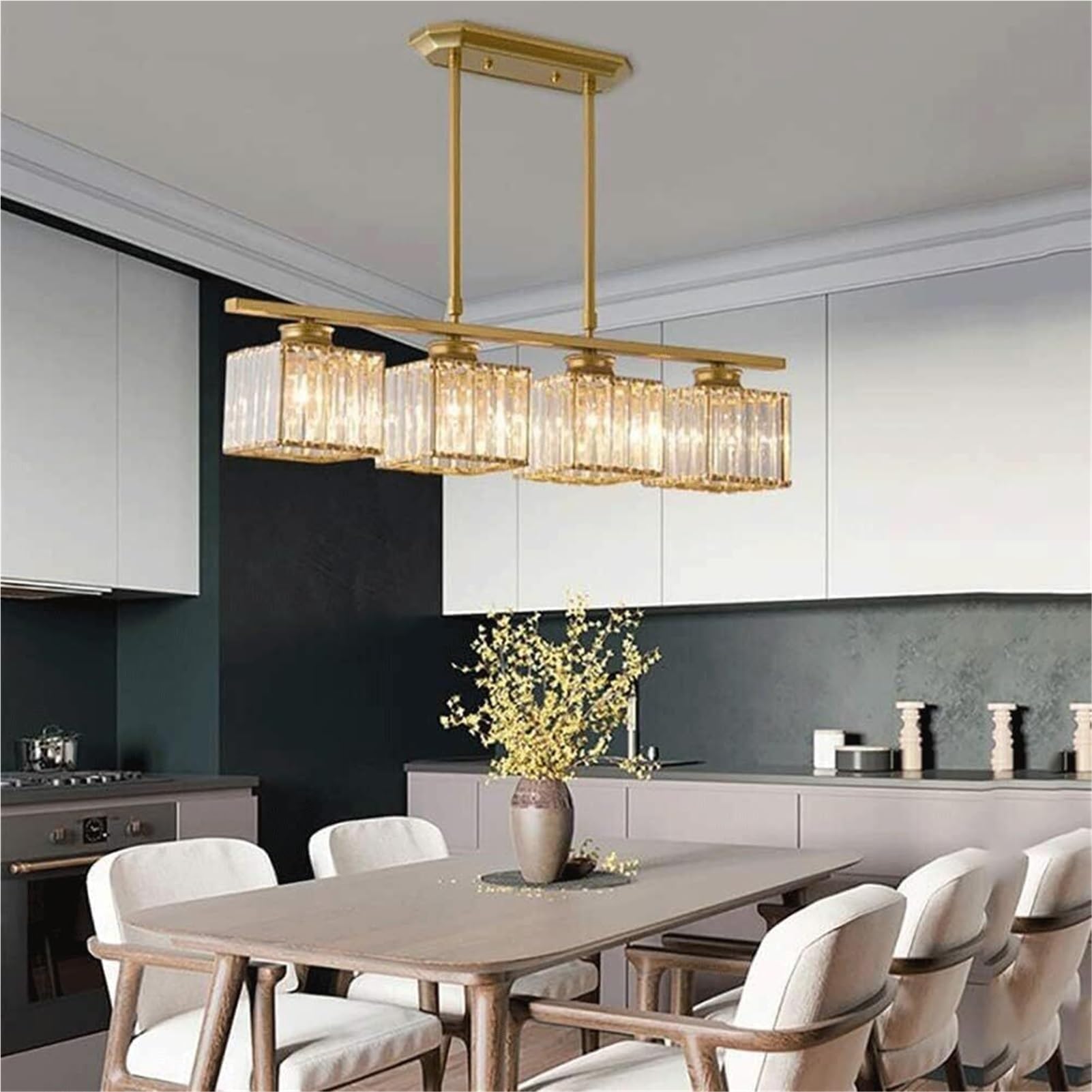 Light Luxury Gold Rectangle Crystal Pendant Lamp Chandelier Hanging Lighting Ceiling Fixture Modern Rustic For Living Room Bedroom Dining Room