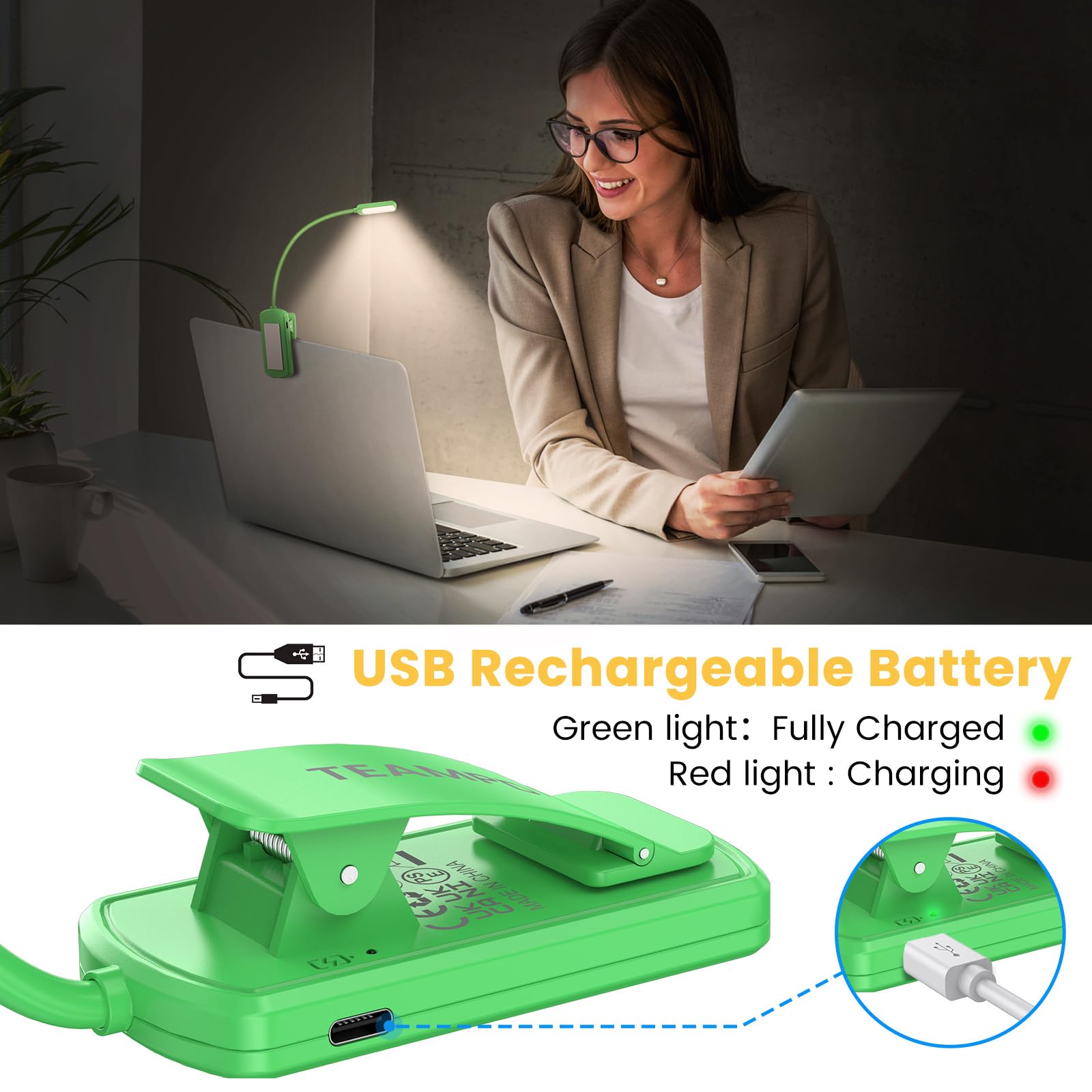 Lampada Da Lettura USB Ricaricabile TEAMPD | 10 LED, 3 Modalità, Luminosità Regolabile 10-100%