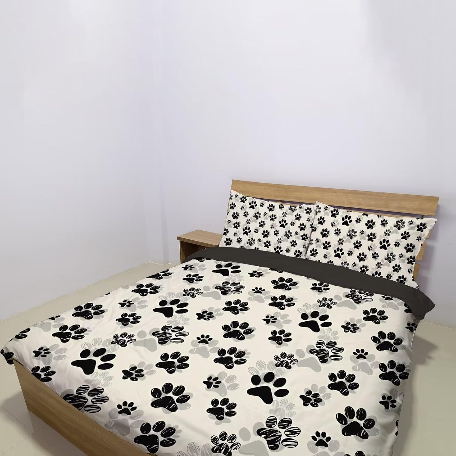Lovely Dog Paw Duvet Cover Queen, Cute Black Puppy Paw Bedding Set Animal Theme Comforter Cover Beige Bedding Sets for Kids Boys Girls with 2 Pillow Sham