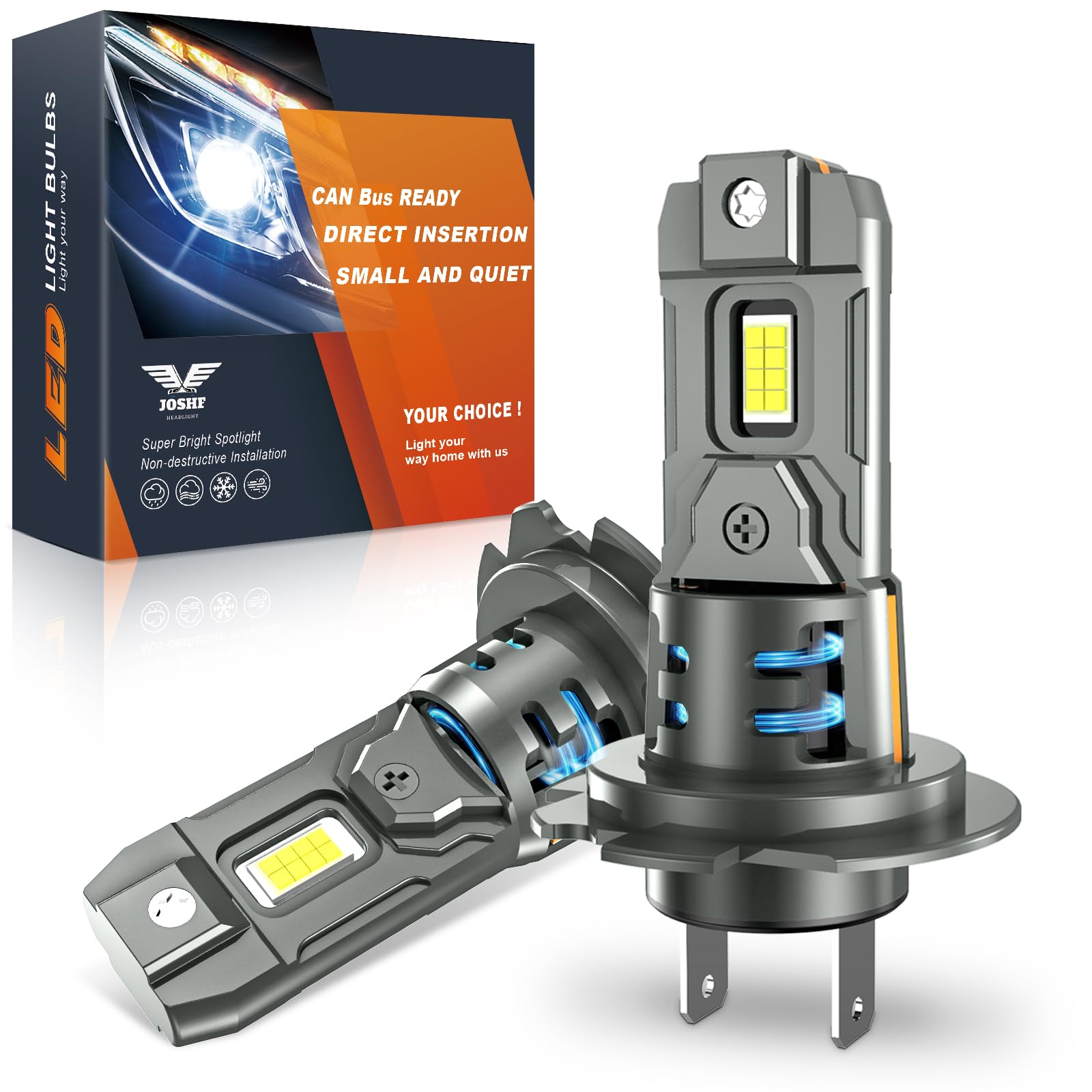 JOSHF H7 LED, 6500K Blanche Fraîche 32000LM Ampoules LED H7 Phare, 14000RPM Ventilateur, 600% Luminosité 1:1 Mini Taille Plug-N-Play 12V pour Voiture et Moto, Pack de 2
