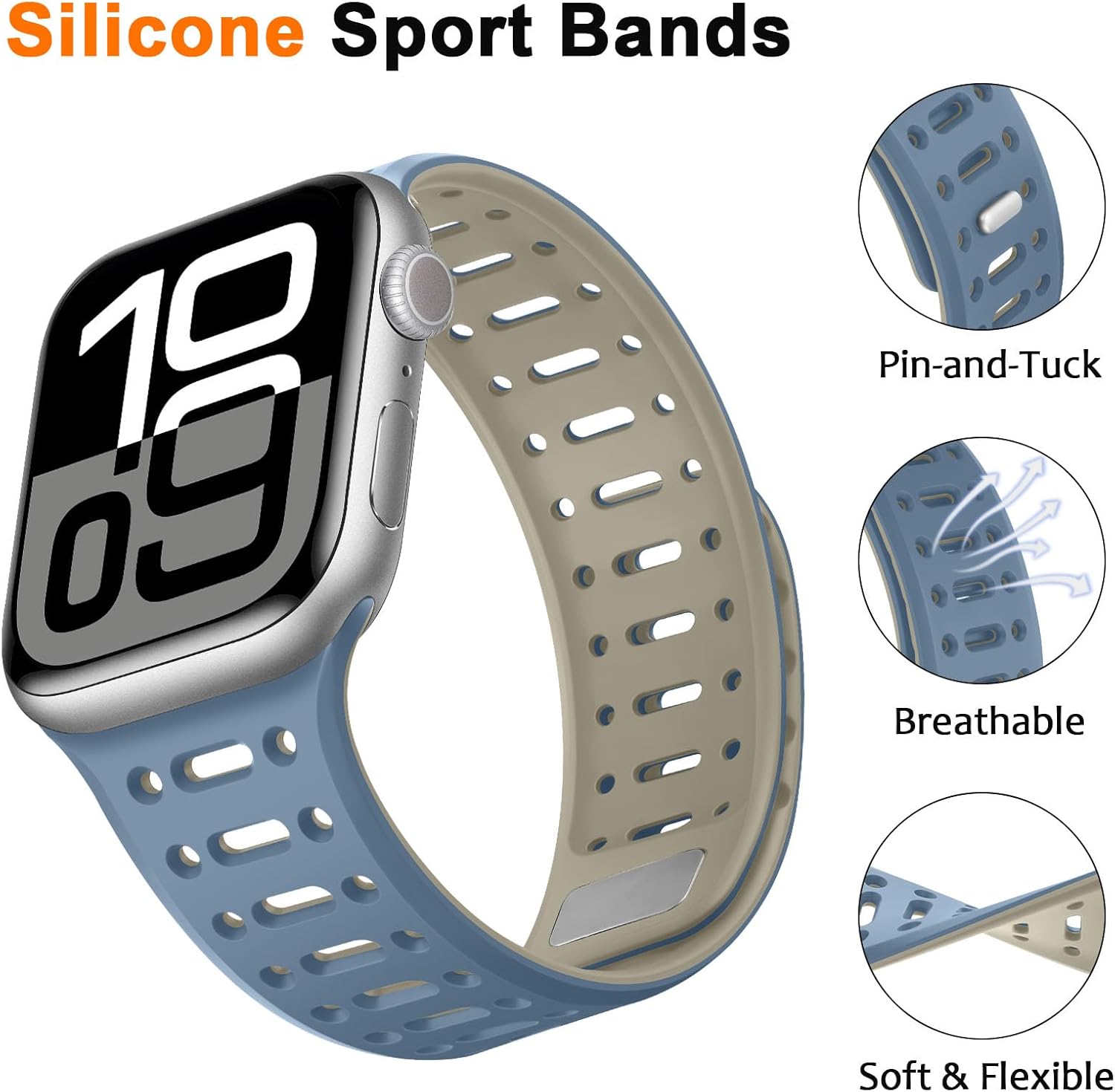 Compatible with Apple Watch Band 49mm 46mm 45mm 44mm 42mm 41mm 40mm 38mm, Magnetic Silicone Sport Breathable Strap for iWatch Ultra 3/2/1 SE3 Series 11 10 9 8 7-1 (42/41/40/38, Blue/Apricot) - Image 3