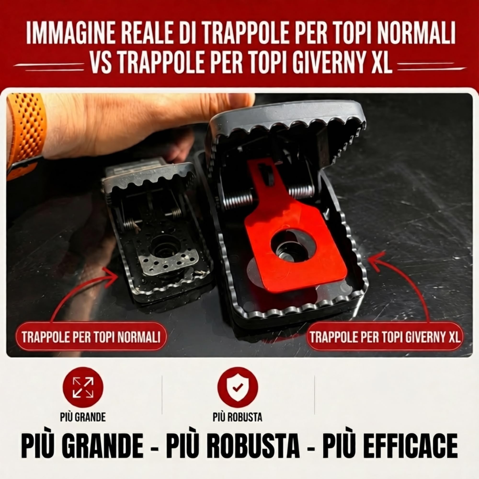 GIVERNY Trappola per Ratti e Topi XL (Confezione da 6) – Extra Grande, Riutilizzabile e Potente, Senza Veleno, Sicura per Bambini e Animali, con Guanti Inclusi – Uso Interno ed Esterno