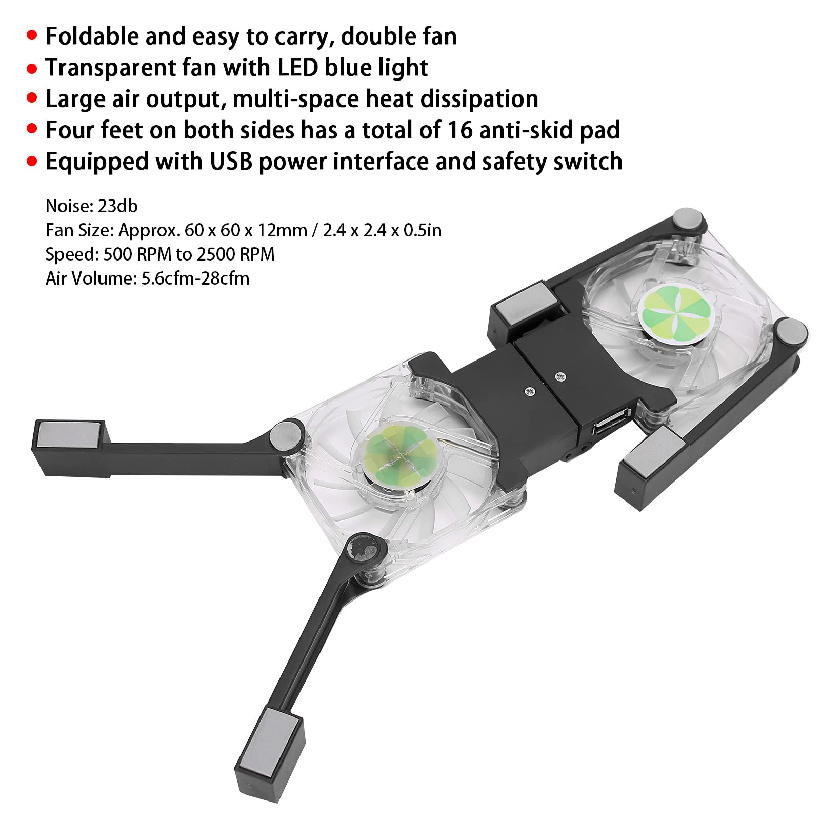 Laptop Cooling Pad, Portable Laptop Cooling Fan Stand, Folding Laptop Cooling Pad Double Fans LED Blue Light Notebook Computer Cooler(Black)