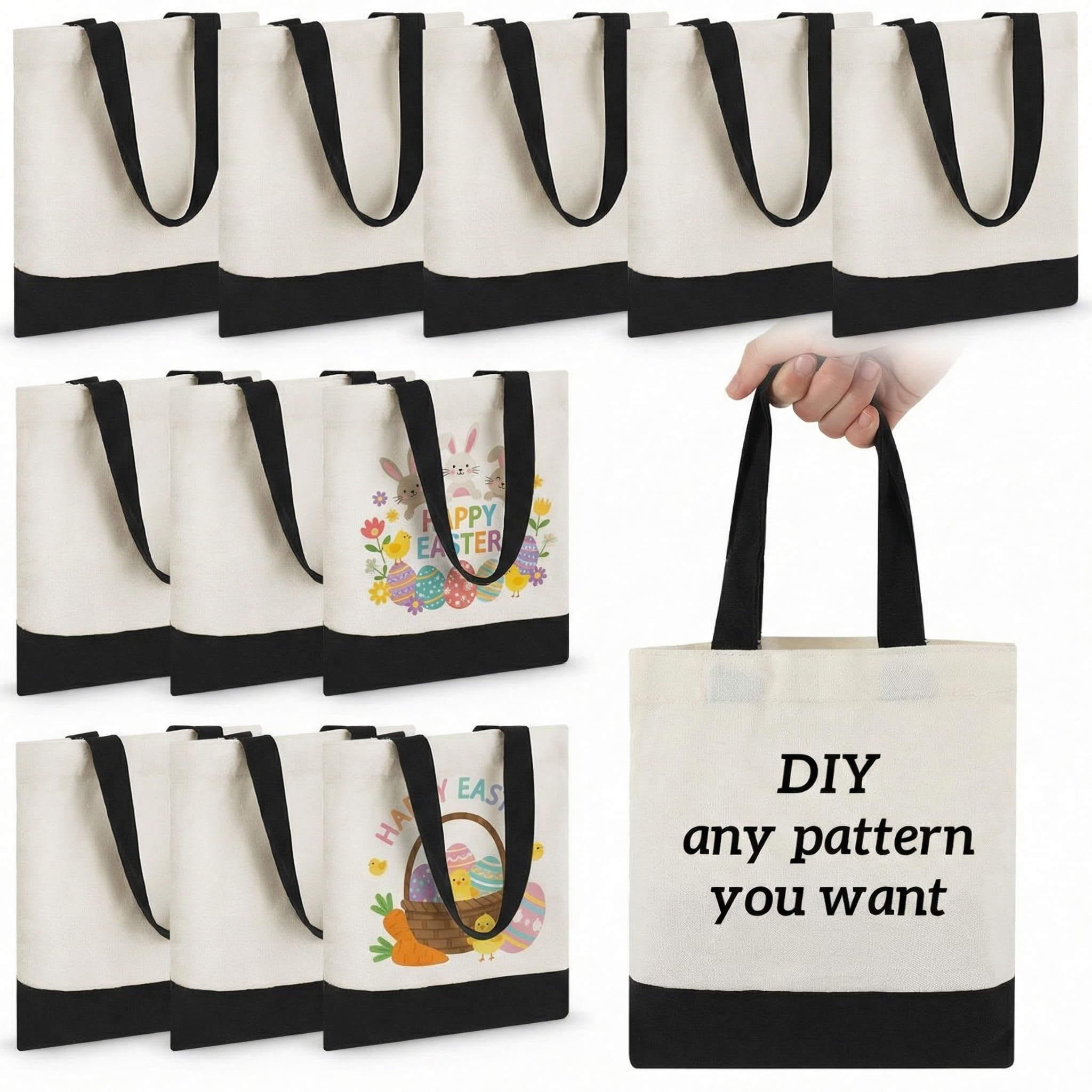Amylove 12 Pcs Mini Tote Bag Sublimation Blank Canvas Tote Bags Reusable Grocery Luggage DIY Sack Goody for Party Even (8.5 x 8 Inch,White with Black