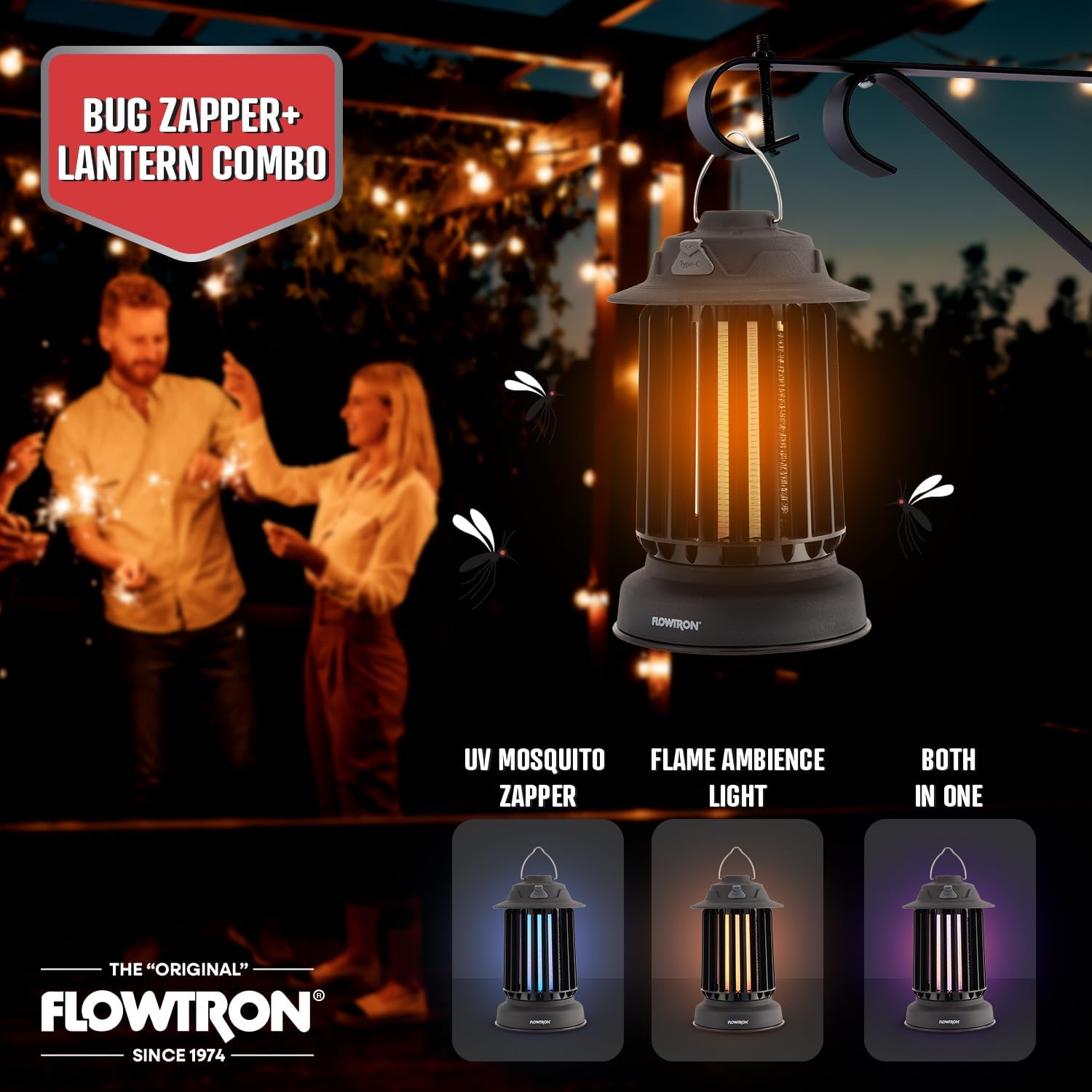 Flowtron Bug Zapper Lantern | 2-in-1 Electric Mosquito Killer & LED Camping Lantern, 2150 Sq Ft Coverage, 2000mAh Rechargeable Battery, Self-Cleaning Bug Zapper for Patio Outdoor & Indoor Use
