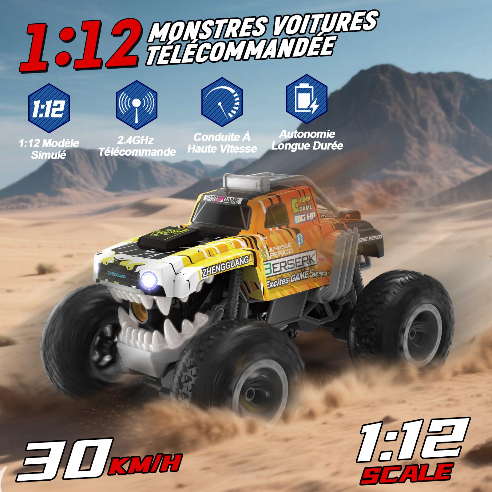 Charmofun Monster Truck Telecommande 1:12, 360° Rotation Dinosaure Voiture Télécommandée Tout Terrain, 2,4GHz RC Monster Truck avec Brume de Pulvérisation, Musique et Lumières LED pour Enfants