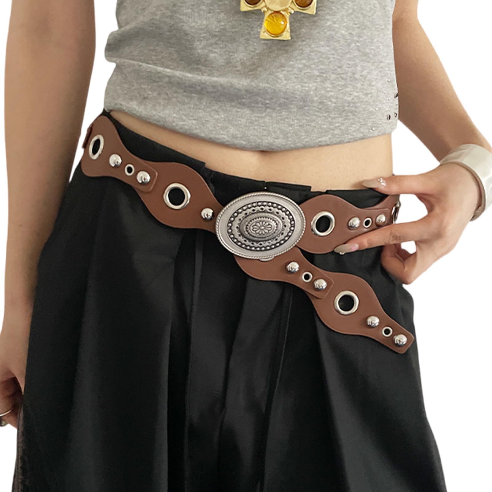 MICFENY Retro Cowgirl Belt with Studded Detail Adjustable Western Design Sash PU Leather Waist Strap for Women Casual Outfits