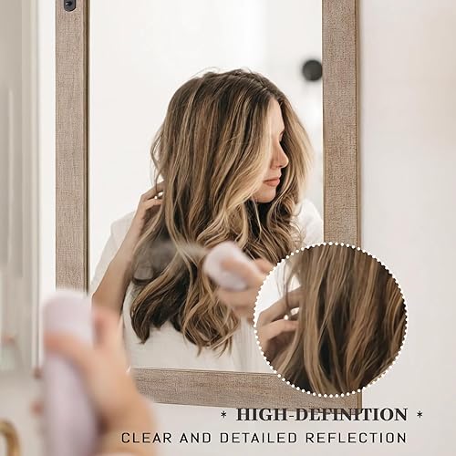 Miniatura 5 de Espejo de pared negro estilo puerta de granero, espejo rectangular con marco de madera maciza, espejo rústico montado en la pared para baño,