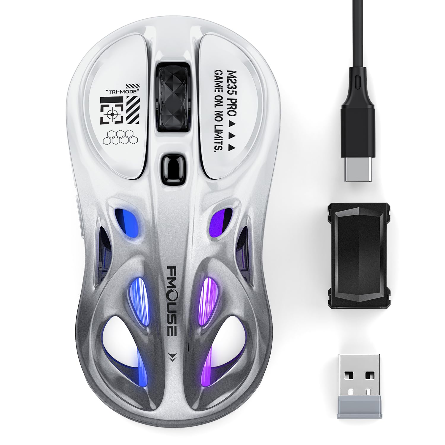 FMOUSE Mouse wireless Tri-Mode (2.4G/Bluetooth/Wired), design cavo, RGB, 4800 DPI, ricaricabile di tipo C per Mac/Laptop/iPad (gioco/ufficio), sfumato bianco e grigio