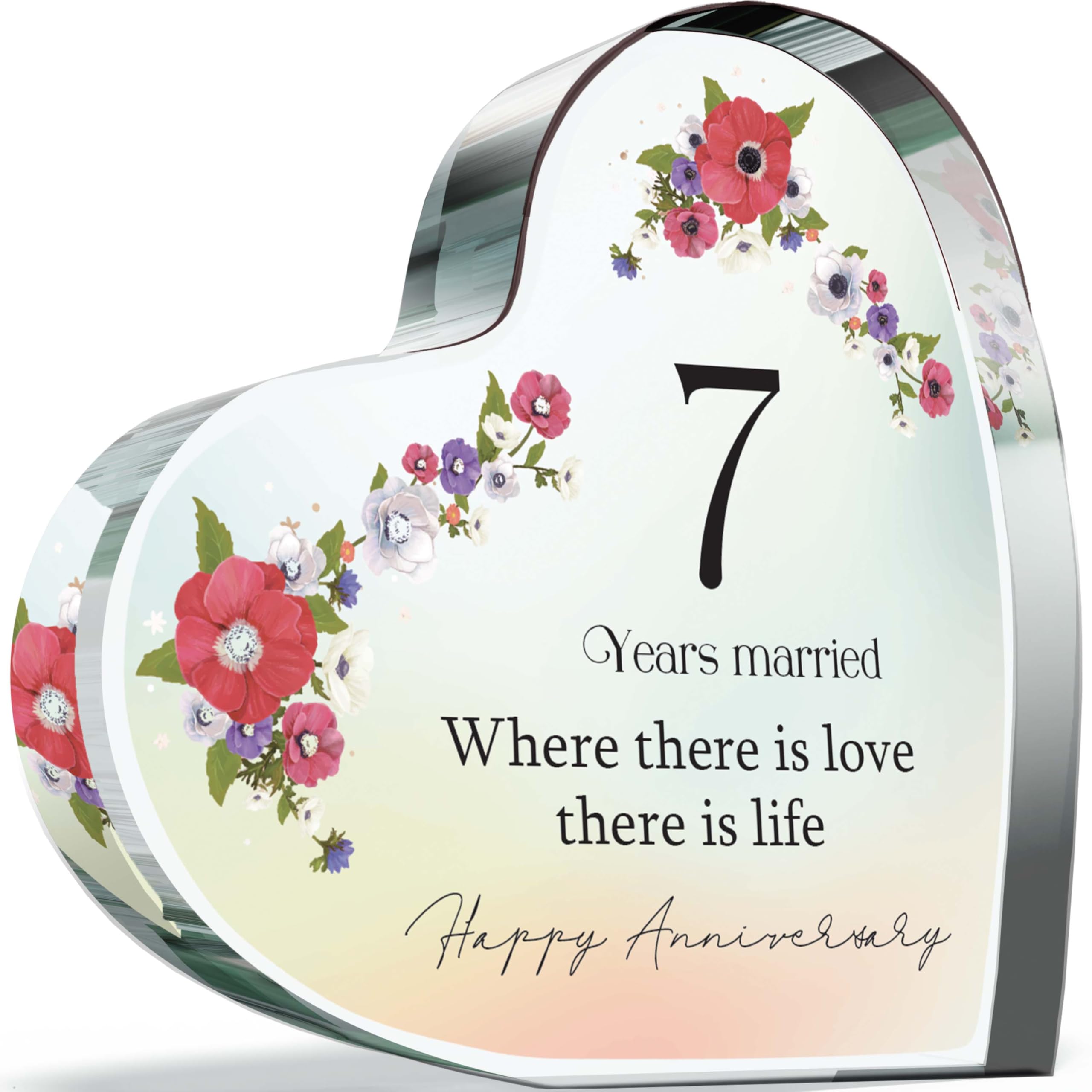 Giftzie Women's 07 7Th Anniversary Plaque Gifts For Wife Husband - 7 Years Married - I Love You Romantic Acrylic Heart Gift For Men, 100Mm Elegant Floral Pastel Present For Couples Seventh Anniversaries