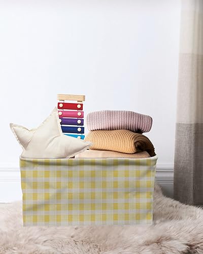 Miniatura 7 de Cesta de almacenamiento a rayas amarillas y blancas para estantes, cubos de almacenamiento de tela a cuadros amarillos y blancos, organizadores de