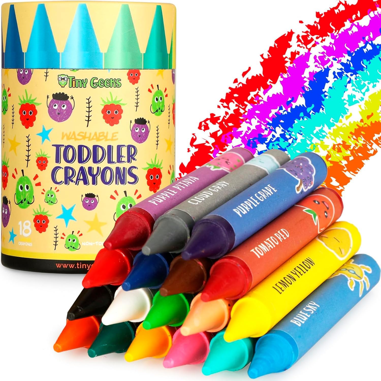 TinyGeeks 18 Colors Jumbo Crayons + Non-Toxic for Toddlers 1-3 | Washable for Kids Ages 4-8 | Easy to Hold Large | For Toddlers 2-4 Years