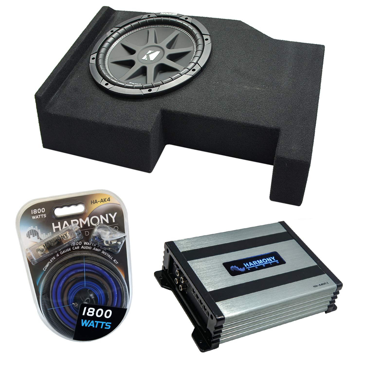 Harmony Audio Compatible with 2014 - UP GMC Sierra Crew Cab Kicker Bundle Comp C10 Single 10 Sub Box Harmony HA-A400.1 Amp
