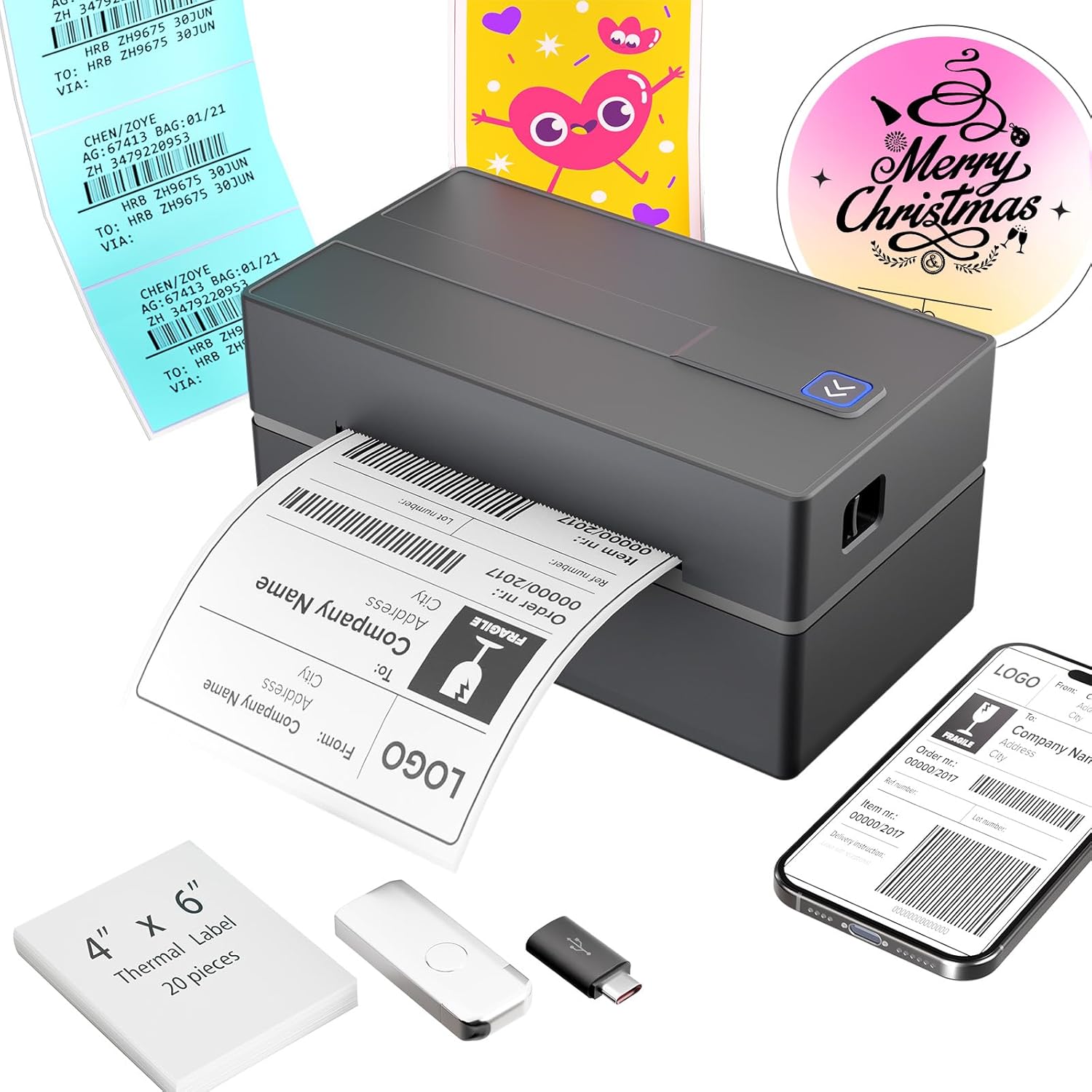 Bluetooth Thermal Shipping Label Printer: 4×6 Wireless Mini Clear Label Maker with Waterproof Tape for Small Business – Widely Used for USPS UPS Ebay Amazon Shopify Etsy