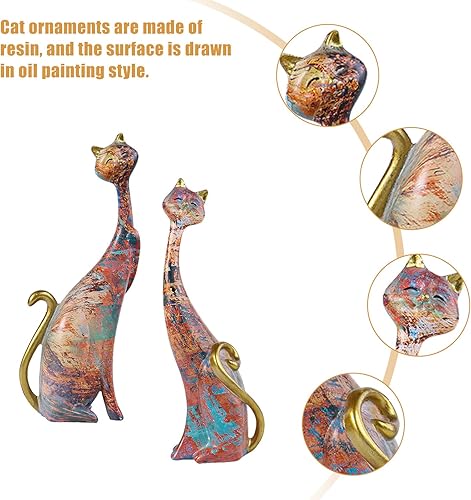 Miniatura 3 de YWNYT 1 par de figuras de gato de resina, escultura de animales coloridos, pintura al óleo, estatuas de gato, estatua de gato sentado para sala de