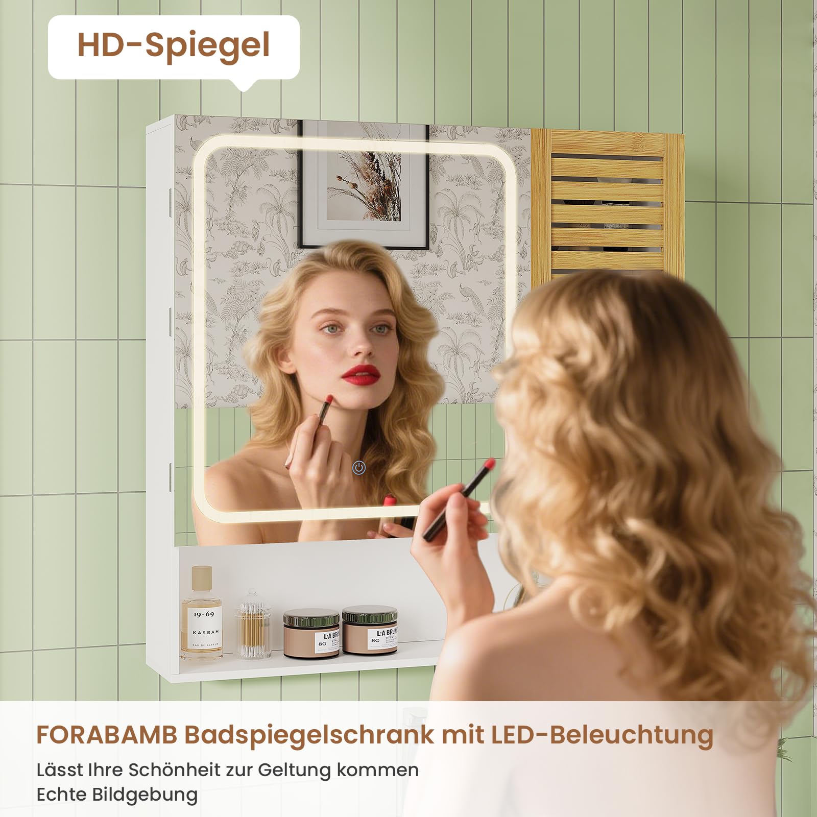 Spiegelschrank Bad mit LED-Beleuchtung & Steckdose 80cm Breit, Badezimmerschrank mit HD-Spiegel, Verstellbarer Ablage, Berührung Sensorschalter, Badschrank, für Badezimmer, 80×16×77cm, Weiß