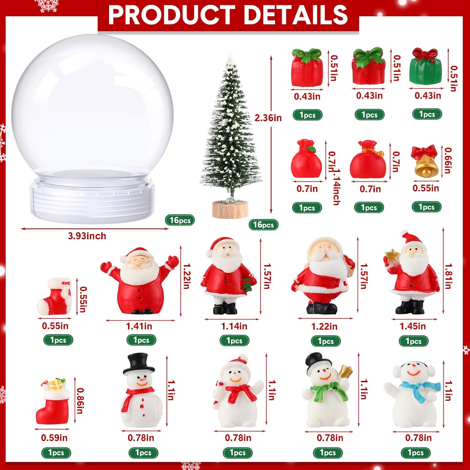 Xinnun 48 Pcs 3.9 Inch Christmas Plastic Snow Globes Kit Including 16 Artificial Mini Christmas Tree 16 Mini Resin Xmas Ornament 16 DIY Snow Globe with Screw Off Cap Miniature Pendant(Chic Style)