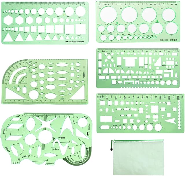 Geometric Stencils, 1-18cm Measuring Templates Green Plastic Transparent Multiple Shapes Geometric Template Drawing for Painting Measurement Kids Architect School 6pcs, with A5 Zip Bag 1pcs