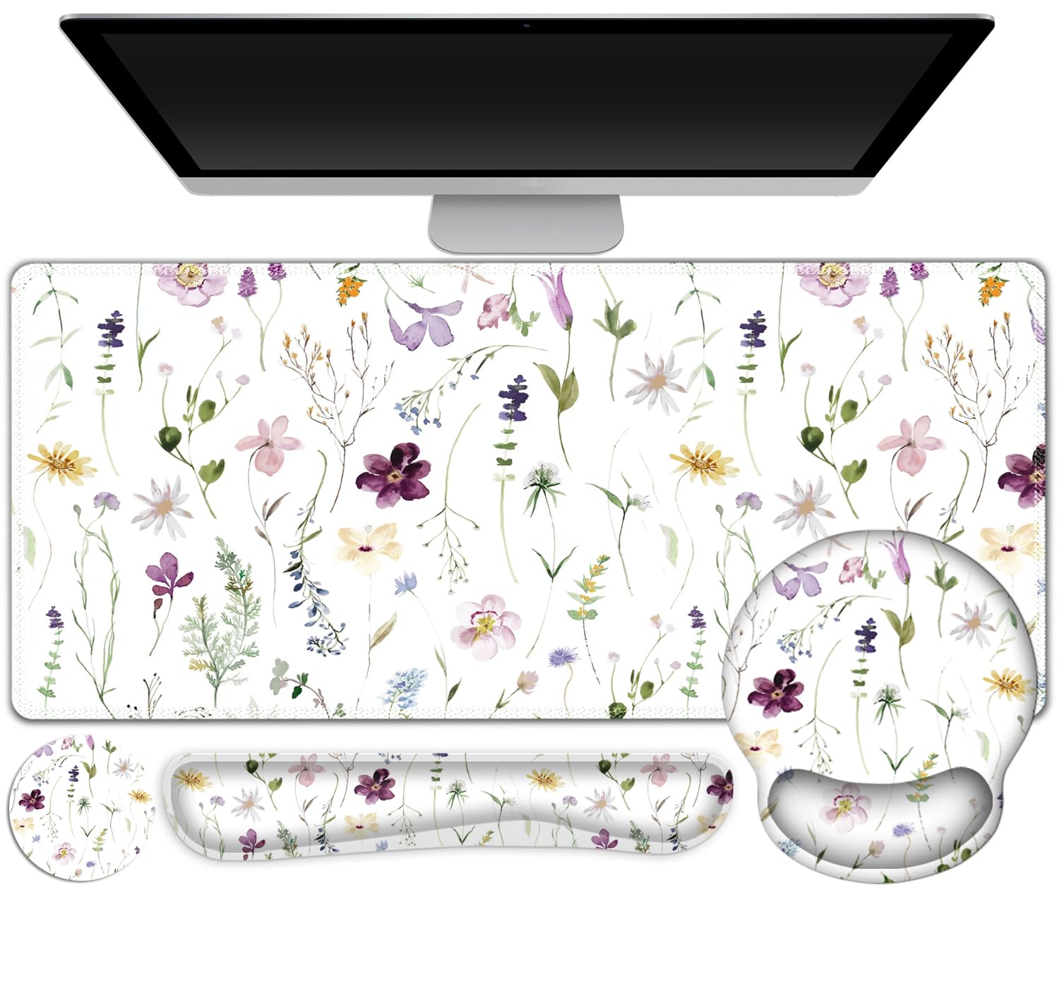 Gaming Mouse Pad, Large Desk Mat, Cute Desk Pad Protector, 4in1 XXL Mousepad + Keyboard Wrist Rest+Mouse Wrist Rest+Coaster Set with Ergonomic Desk Pad for Home Office Computer, Purple Flower Plants