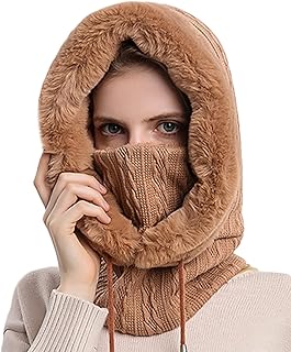 Unisex Winter Knitted Balaclava Beanie Hat Warm Cycling Ski Mask Warm Faux Fur Scarf with Drawstring Universal Size Khaki
