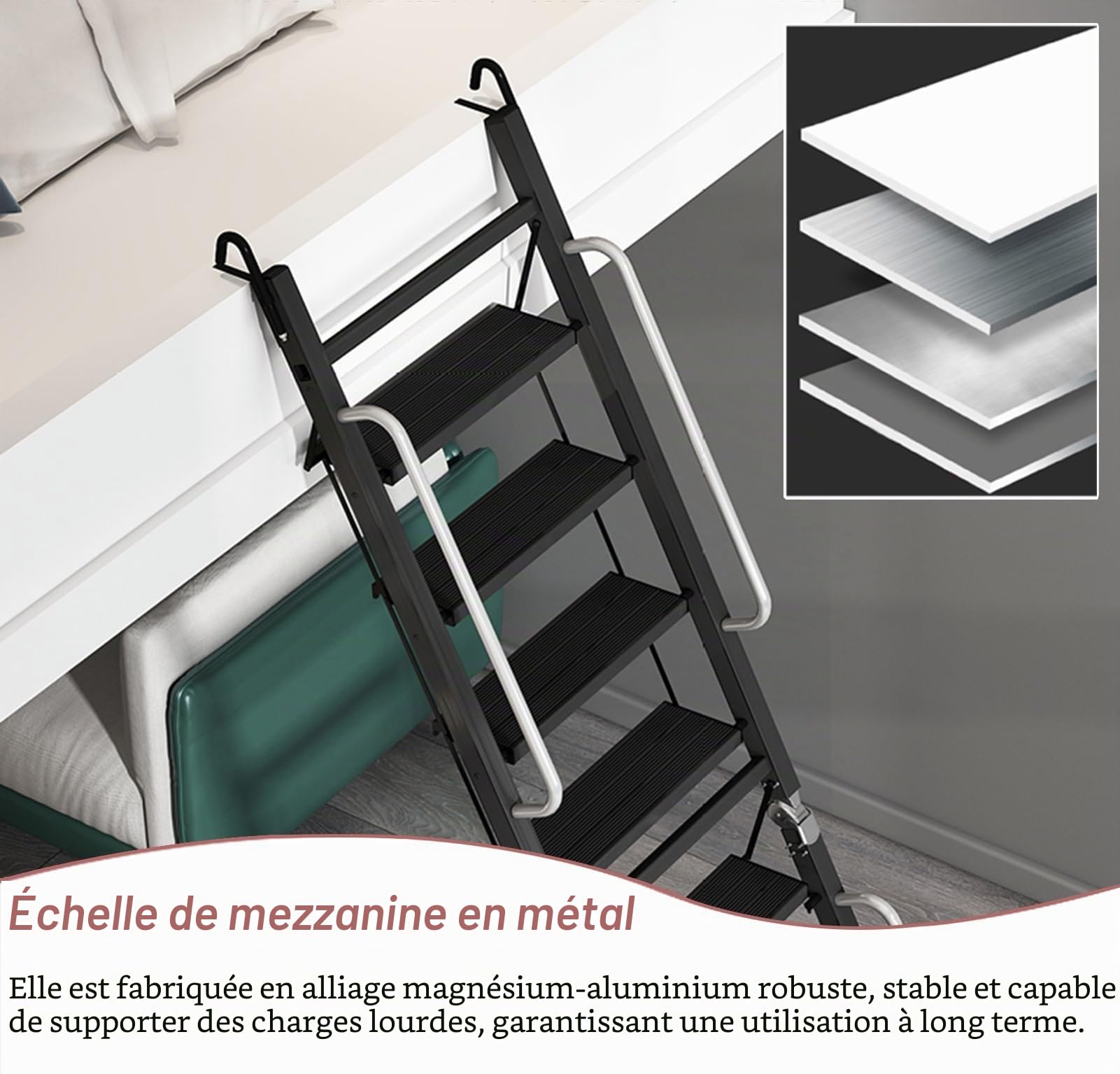 Escalier Escamotable Échelle de Lucarne Noir Mat Design Pliable, Échelles Pliantes pour Accès au Toit, Marches de Sortie de Secours pour Puits de Grenier(9 Steps L-2.75m/9.0ft)