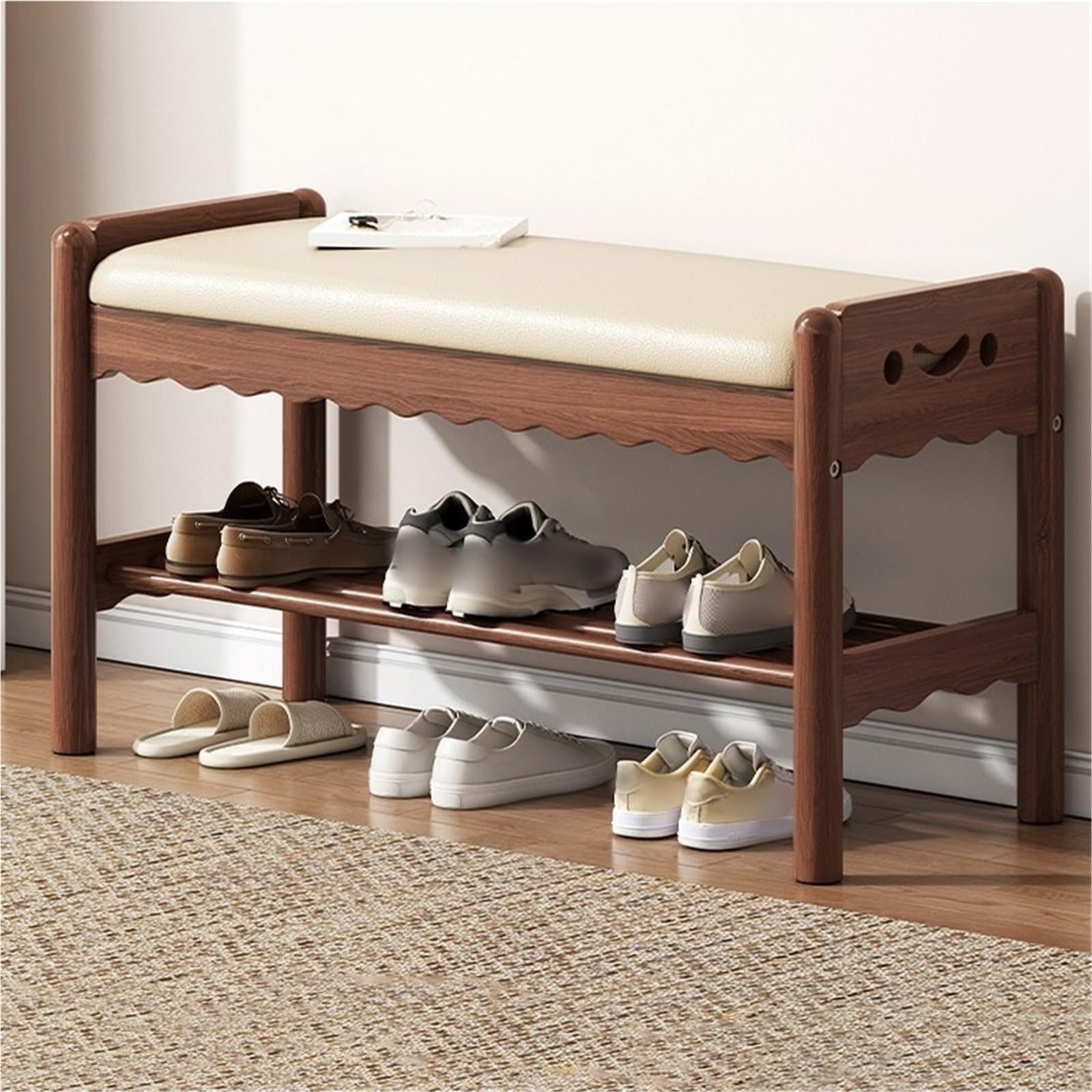 Banc à chaussures avec rangement intégré et coussin moelleux en bois
