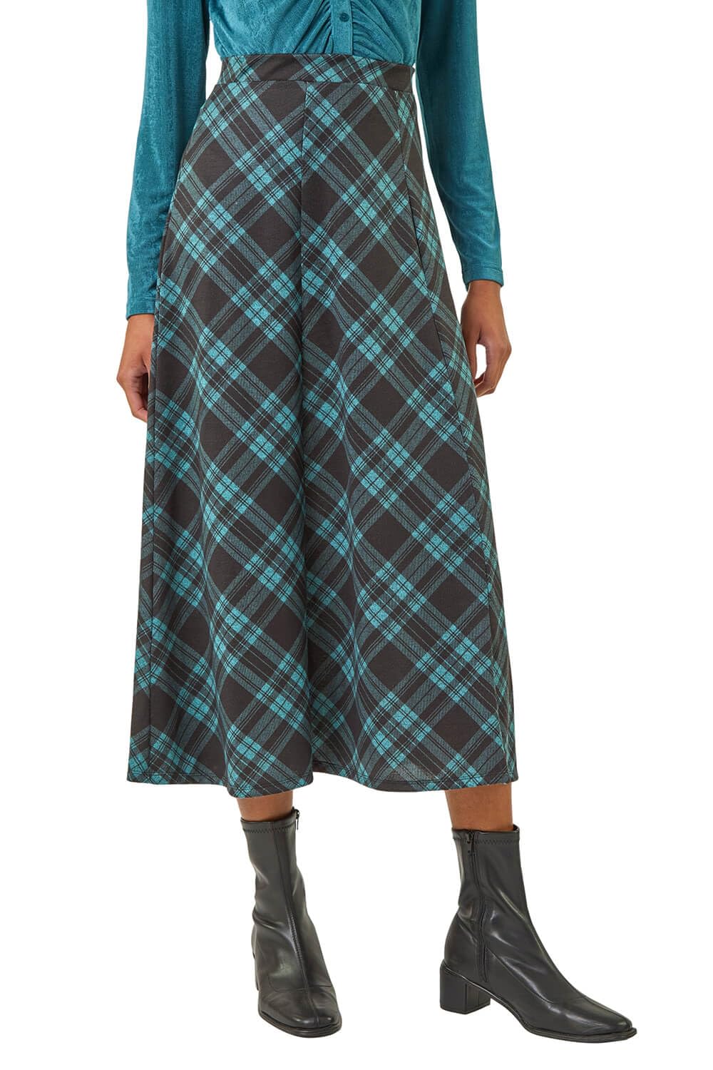 Roman Jersey Skirt for Women UK - Ladies Midi Maxi Floral Animal Print Autumn Winter Swing Smart Casual Office Cocktail Party Going Out Evening Holiday Cruise - Teal - Size 18