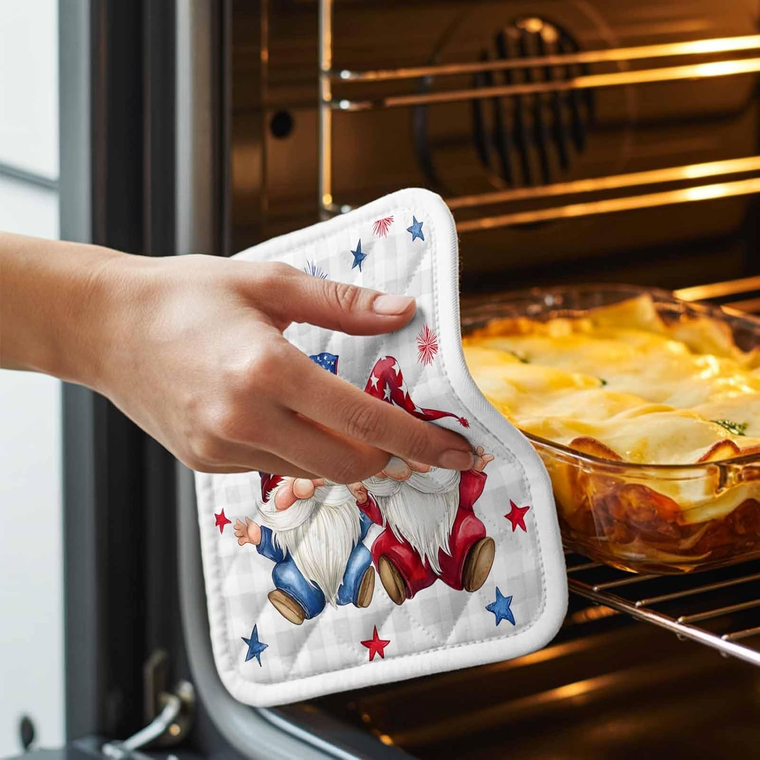 5 Pack Pot Holders for Kitchen, Independence Day Hot Pads for Kitchen Countertops Oven Pot Holder Bulk, Modern Gnomes Star Grey Checkered Heat Insulation Potholders with Hanging Loops