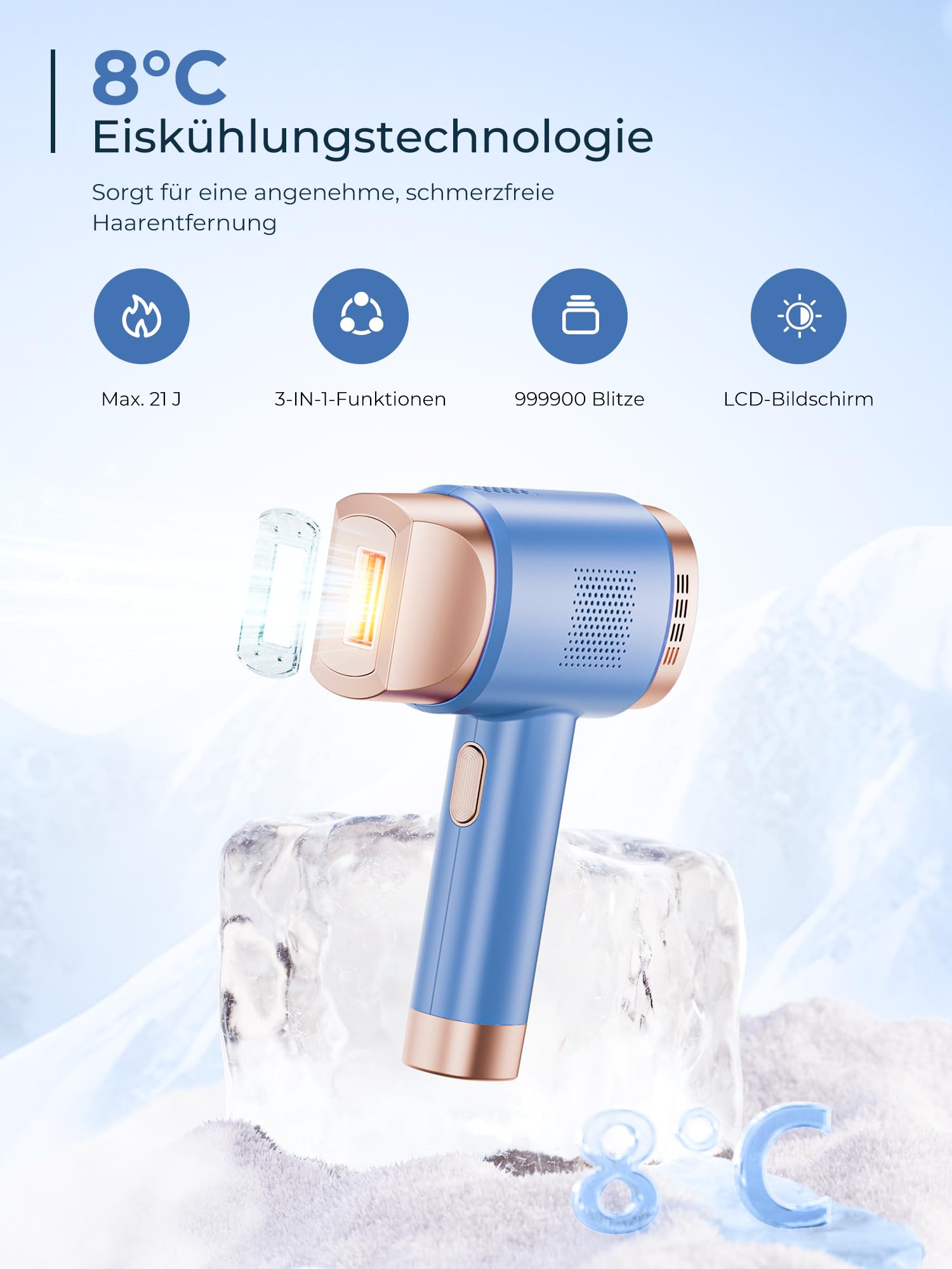 Geräte Haarentfernung mit 8℃ Kühlsystem, Schmerzfreie Haarentfernung Zuhause, 9 Energiestufen 21J für Damen Herren, Gesich Achseln Bikini Beine Körper, Hellblau