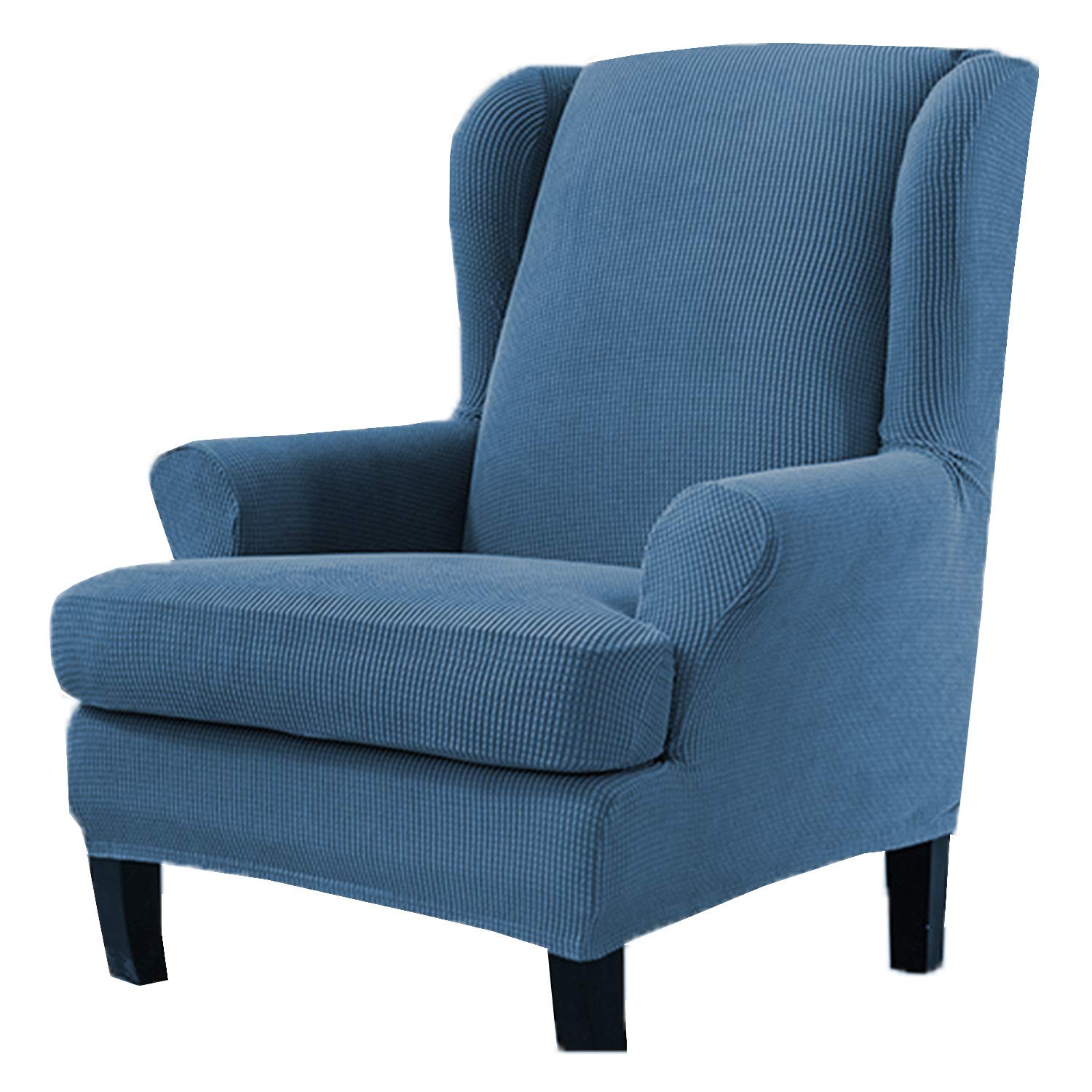 Lot De 2 Housse De Chaise à Oreilles 2 En 1 Velours Jacquard Extensible - Protection Fauteuil Bleu Marine Pour Salon Et Chambre