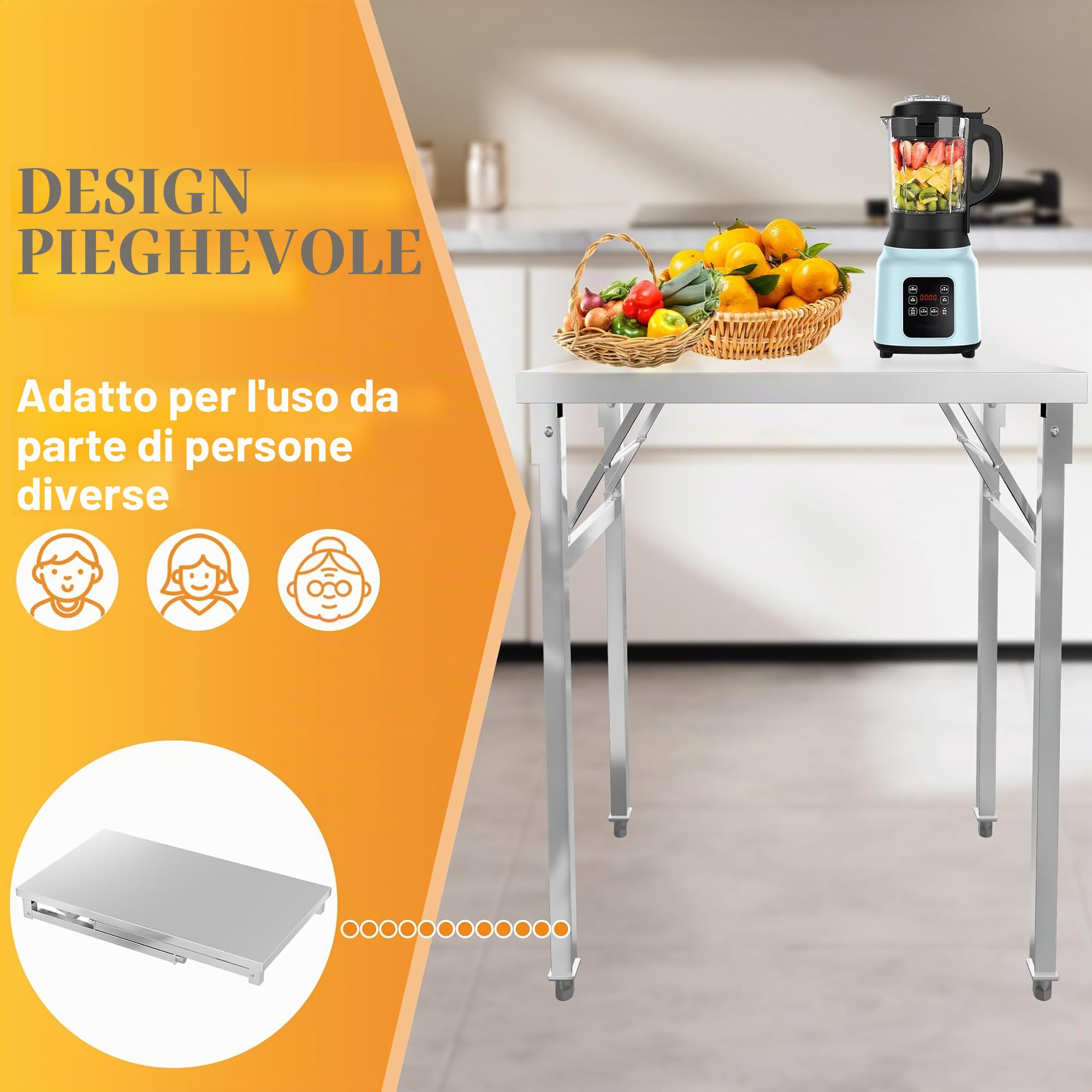 LZQ Tavolo da lavoro in acciaio inox, 60 x 100 x 85 cm, tavolo pieghevole con telaio stabile per cucina, bar, ristorante