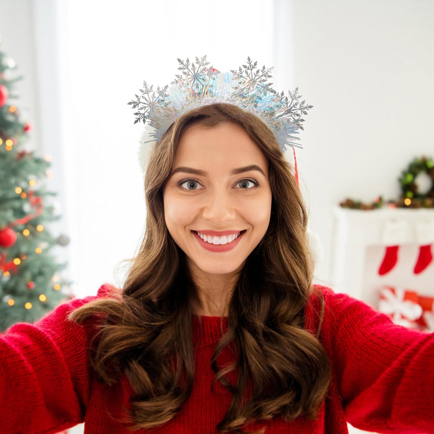 Amosfun 2pcs Snowflake Headbands Christmas Tinsel Hairbands Snowflakes Hair Hoop Headpiece Christmas Party Favors for Women Girls