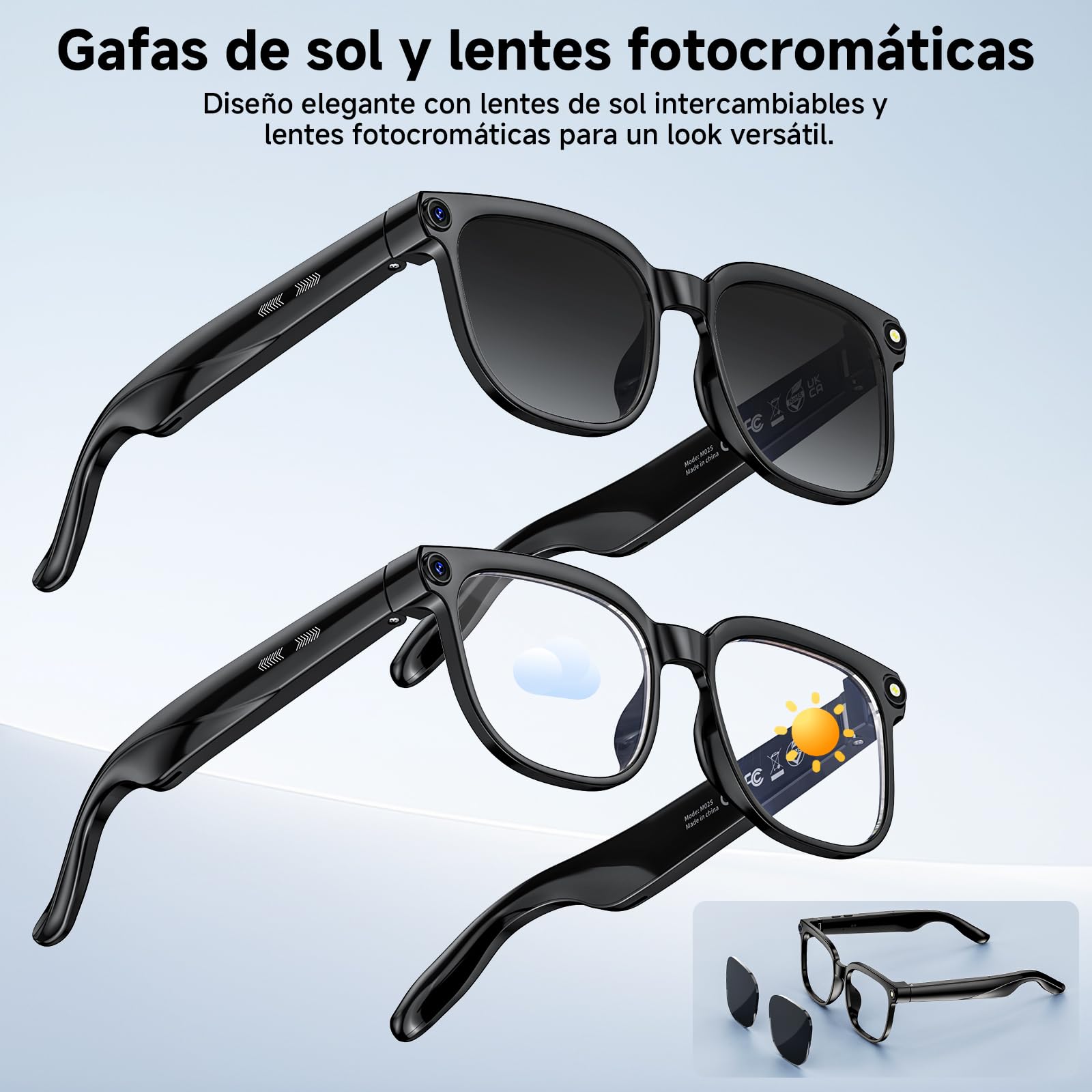Gafas Inteligentes IA, Smart Glasses con Camara 4K, Dos Pares de Lentes, vídeo HD 1080p y Grabación de Audio con Estabilización de Imagen, Reproducción de Música y Traducción en Tiempo Real