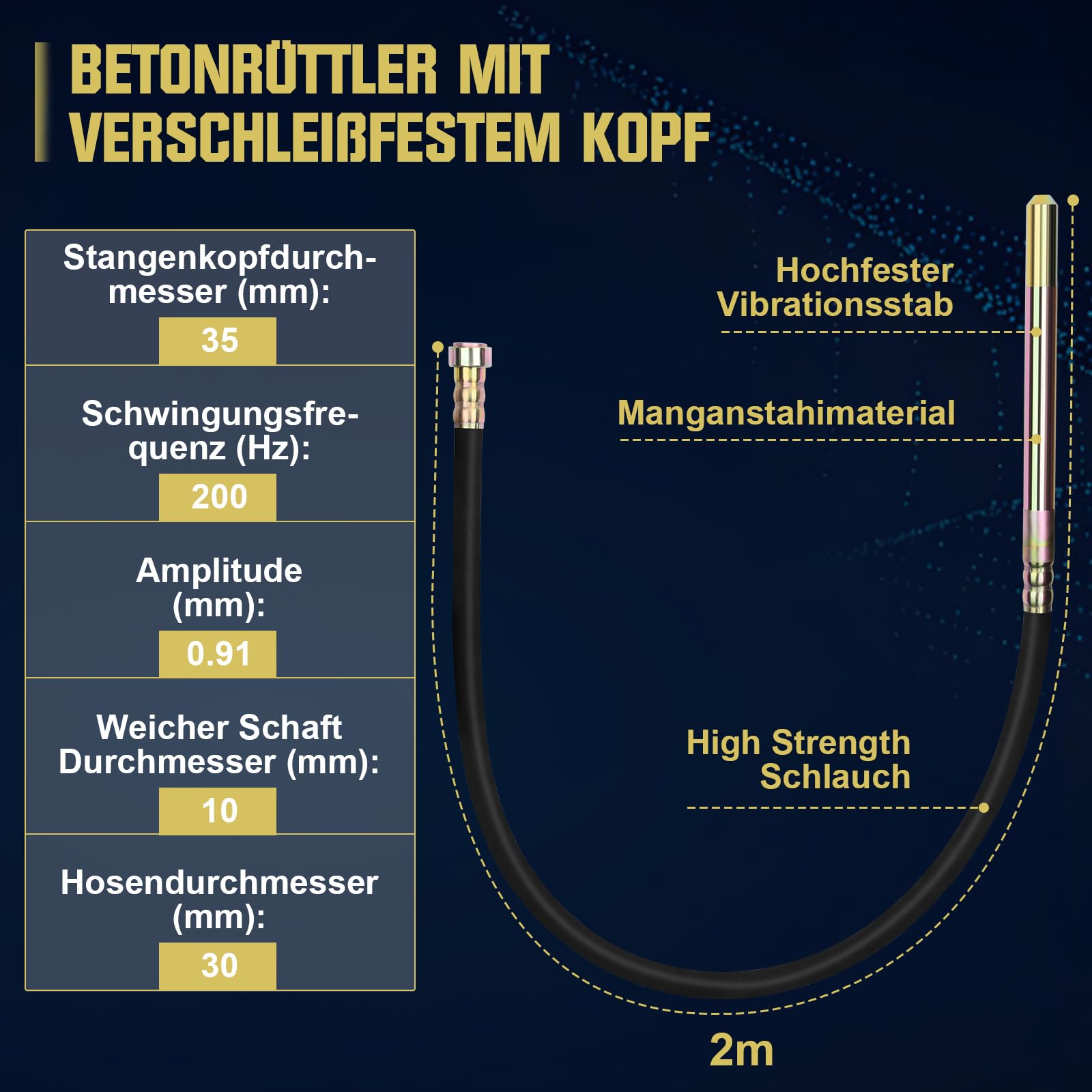 Betonrüttler 1800W mit 2m SCHLAUCHLÄNGE, 35 mm Flaschenrüttler | Elektro Betonverdichter, Rührwellendrehzahl 6000 U/min, Beton Rüttelflasche mit Tragegriff für Hausbau, Brückenbau