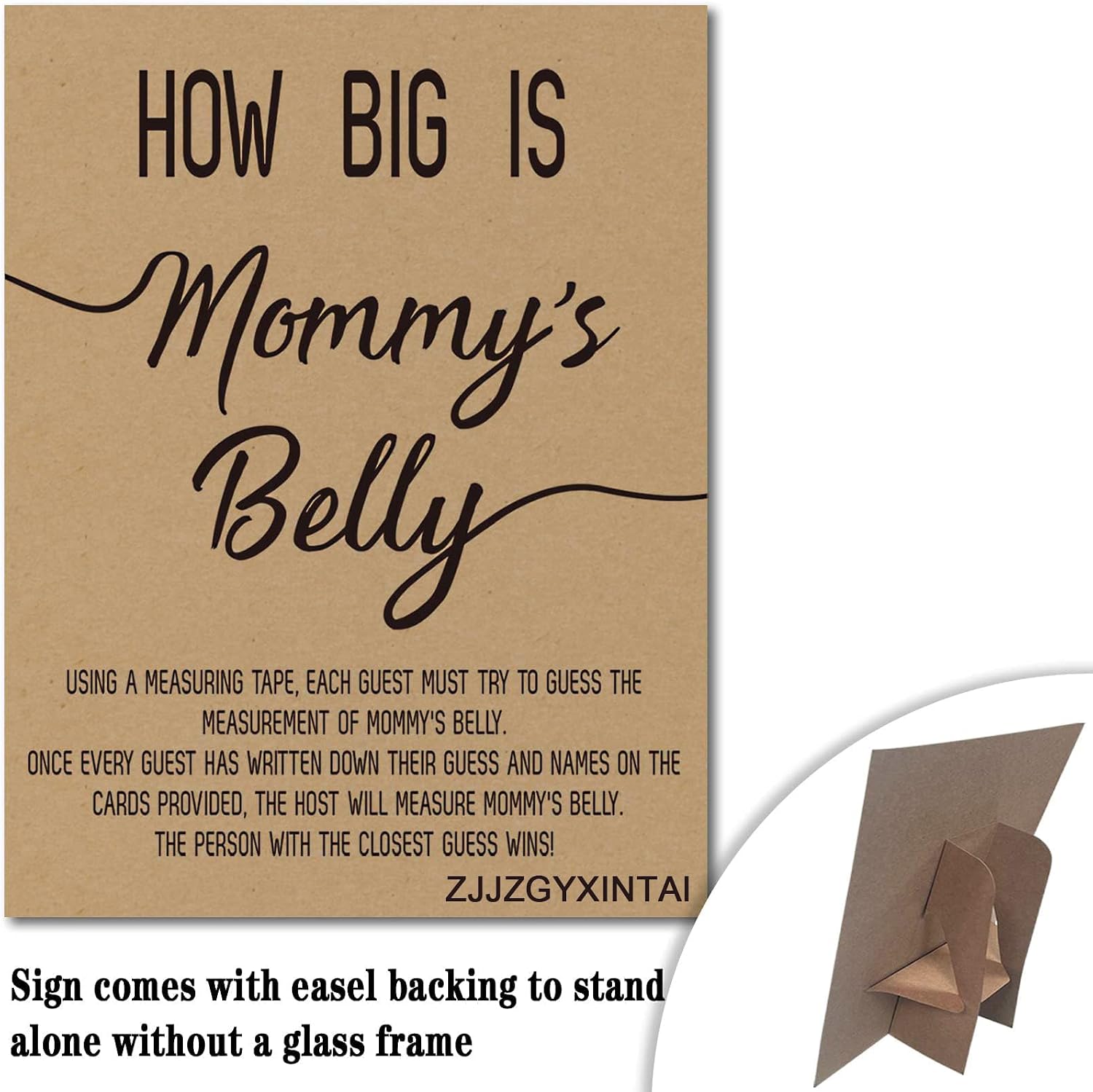 How Big is Mommy's Belly? Rustic Baby Shower Gender Neutral Game Includes 8x10 Inch Kraft Standing Sign and 50 Guessing Cards, 3 Rolls 10 Feet Measuring Tape