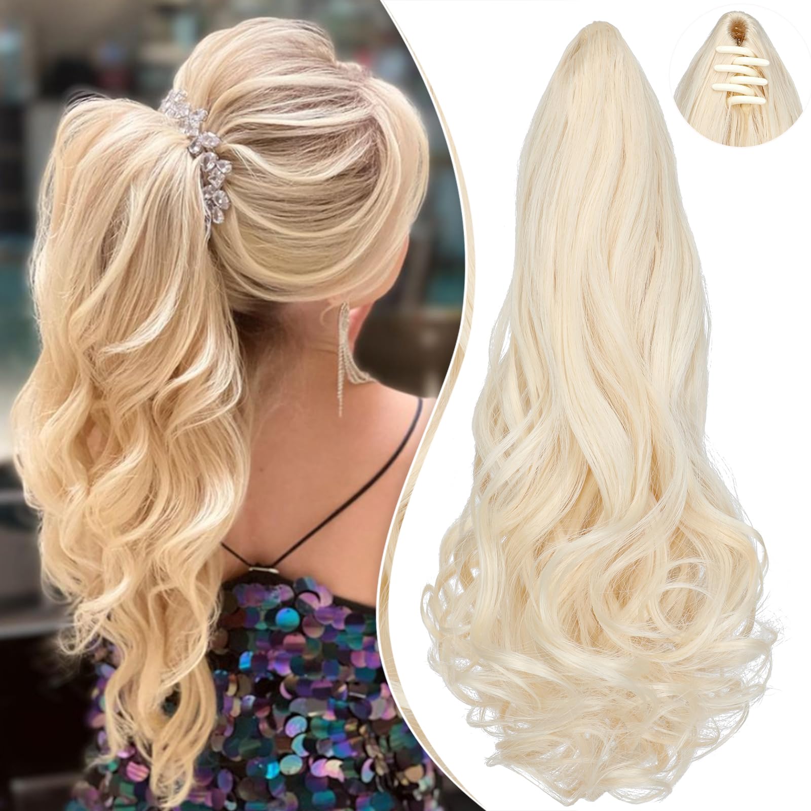 Leterly Ponytail Extension Claw 18" Curly Wavy Clip in Hairpiece Ponytail Hair Extensions Long Pony Tail Synthetic for Women Bleach Blonde