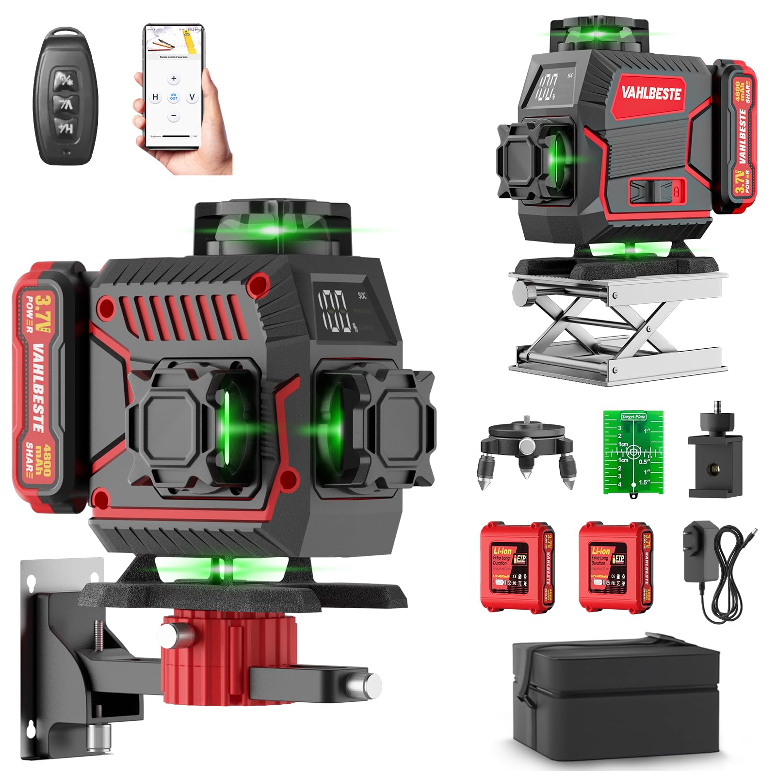 Nivel Laser, Nivelador Laser 4x360 ° con 2x4800mAh Batería, Nivel Laser Autonivelante 360 Grados con Pantalla LED, 4D 16 Líneas Laser Verde/APP/IP54/Control Remoto para Construcción