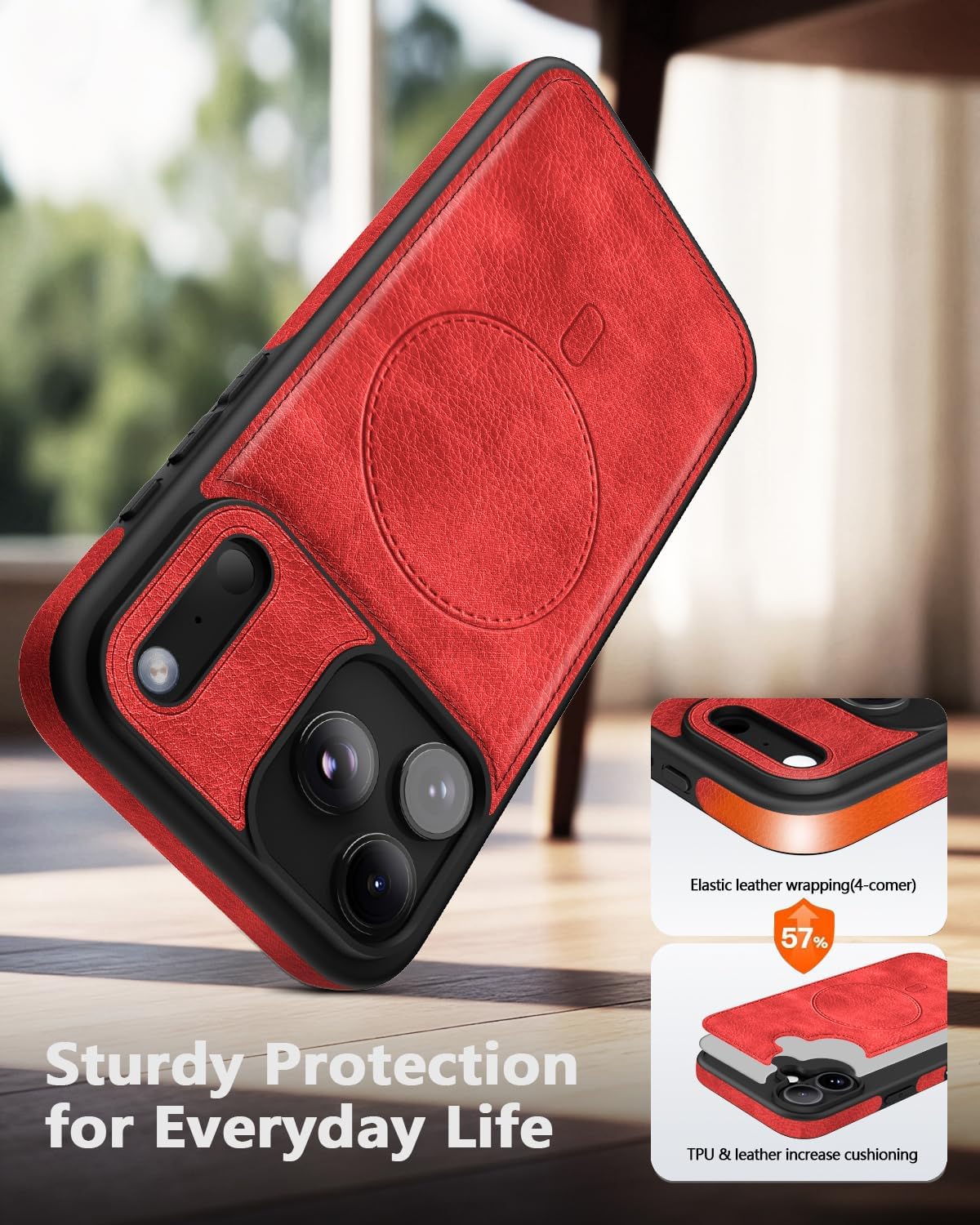 Magnetic for iPhone 17 Pro Max Leather Case, [Compatible with Magsafe] Business Classic Style Shockproof Men Women，Protective Slim fit Phone Cover for iPhone 17 Pro Max, Red - Image 6