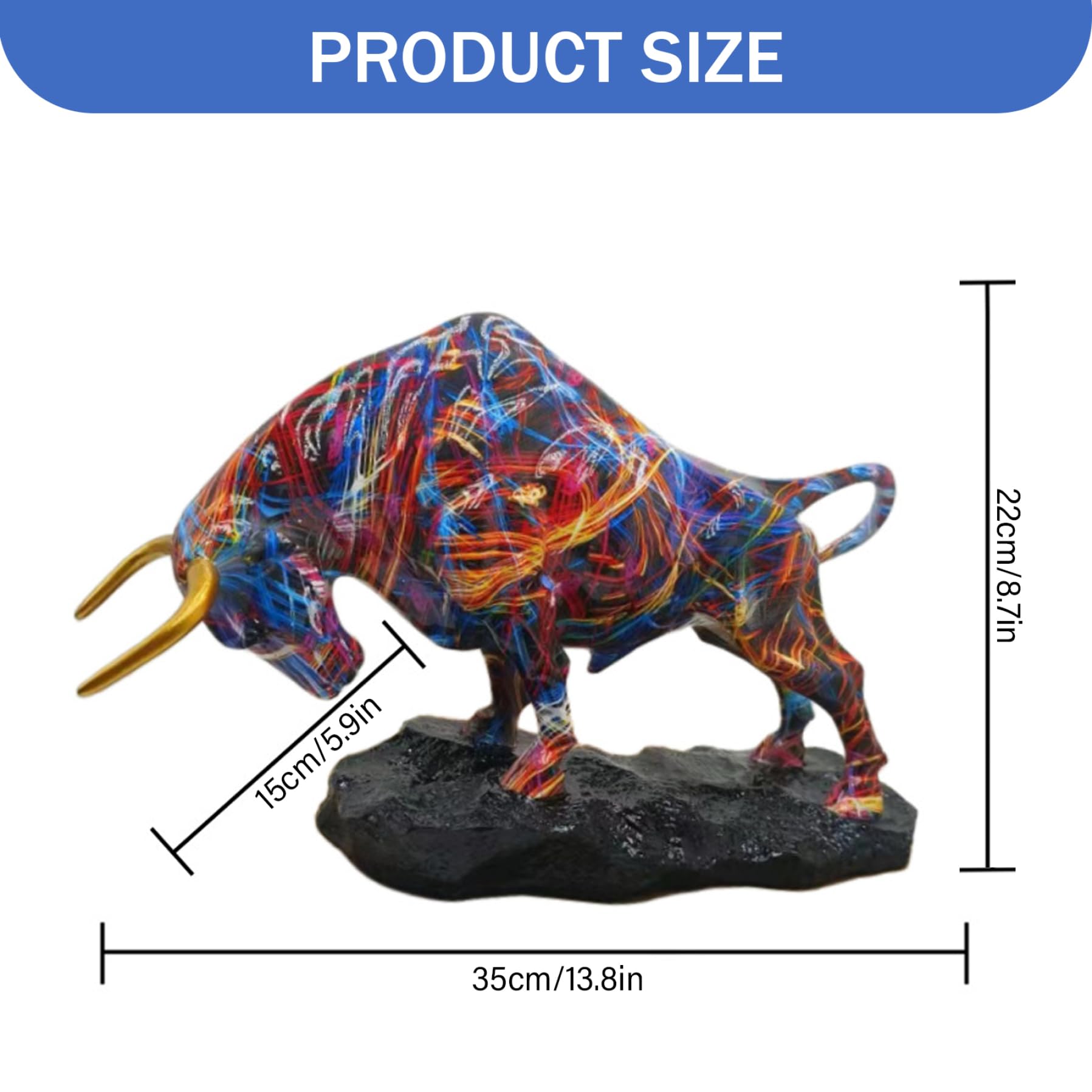 Latemeia Statue de Taureau, Figurine de Taureau Bleu Rouge doré Vibrant pour la décoration Bureau à Domicile, Sculpture Animale Moderne en résine pour étagère Salon, utilisée à la Maison - 5