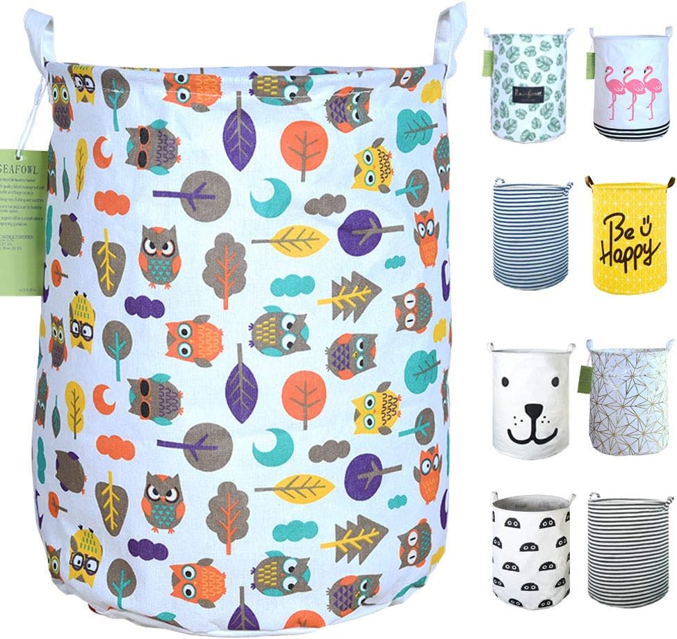 19.7" Collapsible Laundry Basket,Round Canvas Waterproof Large Storage Basket. (Owl)