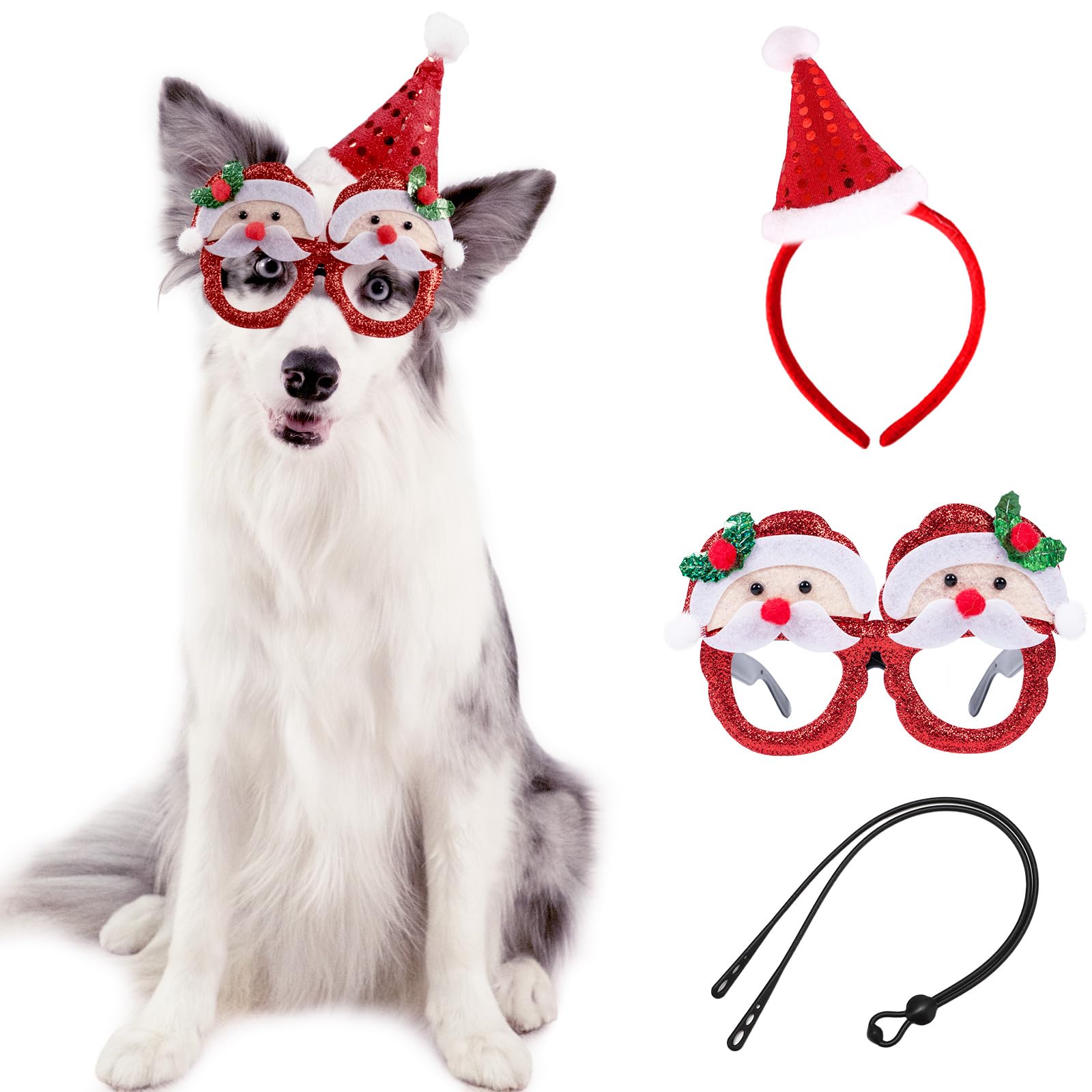 Wodison Dog Christmas Costume Set, Glitter Holiday Party Christmas Hat Headbands and Santa Claus Glasses with Strap for Large Dogs Xmas Cosplay