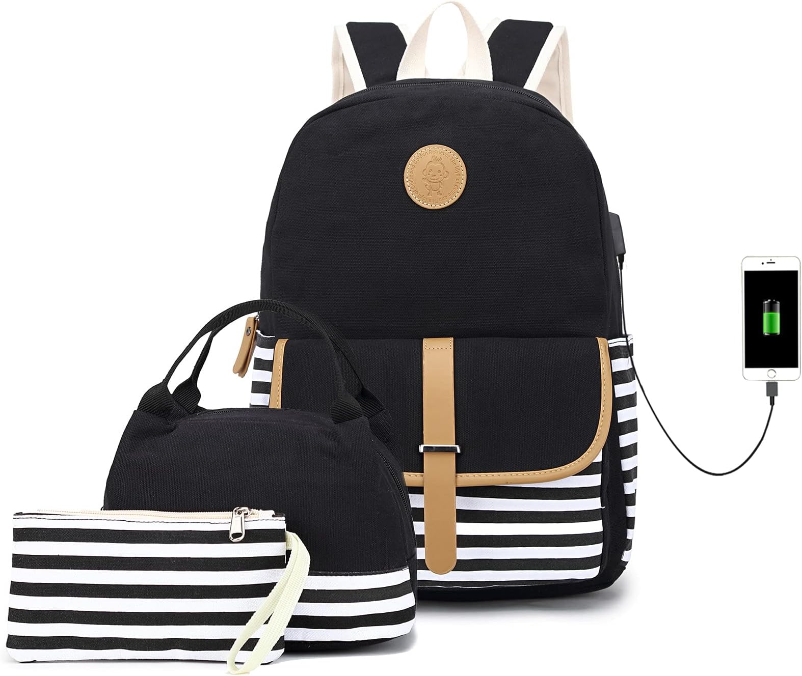 Pawsky School Backpack for Teen Girls/Women, Cute College Bookbag Set Canvas Stripe Backpack with Lunch Bag Pencil Bag, Black