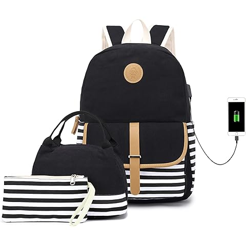 School Backpack for Teen Girls/Women, Cute College Bookbag Set Canvas Stripe Backpa...