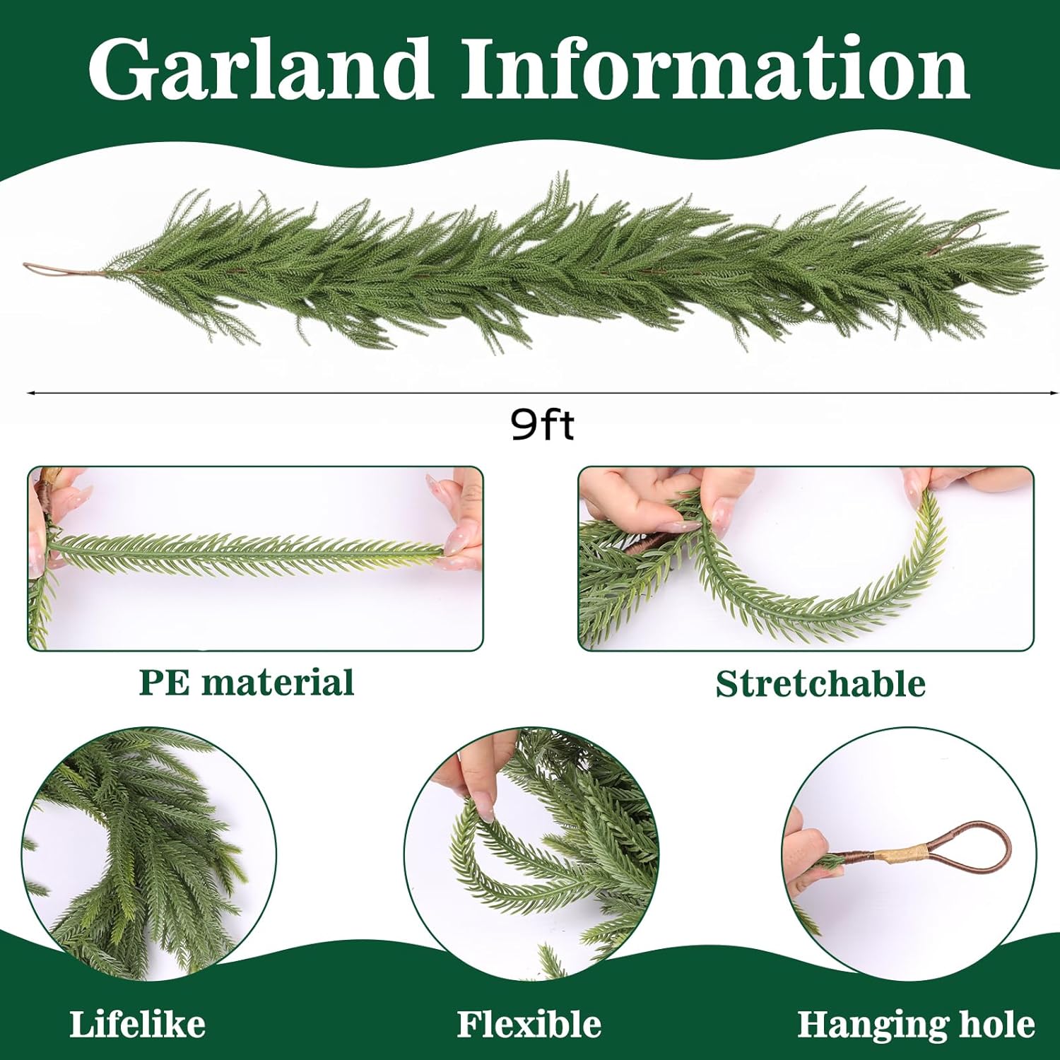 9 FT Christmas Artificial Norfolk Pine Garland with 18" Wreath, Real Touch Xmas Faux Greenery for Holiday Table Mantle Wall Fireplace Windows Home Front Door Indoor Decor