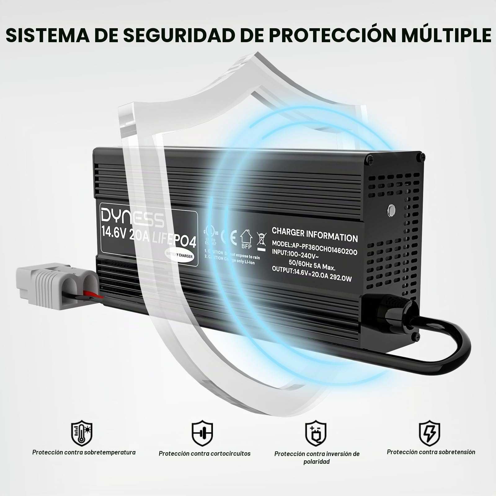 Dyness Cargador LiFePO4 14,6V 20A para Baterías 12V de Litio