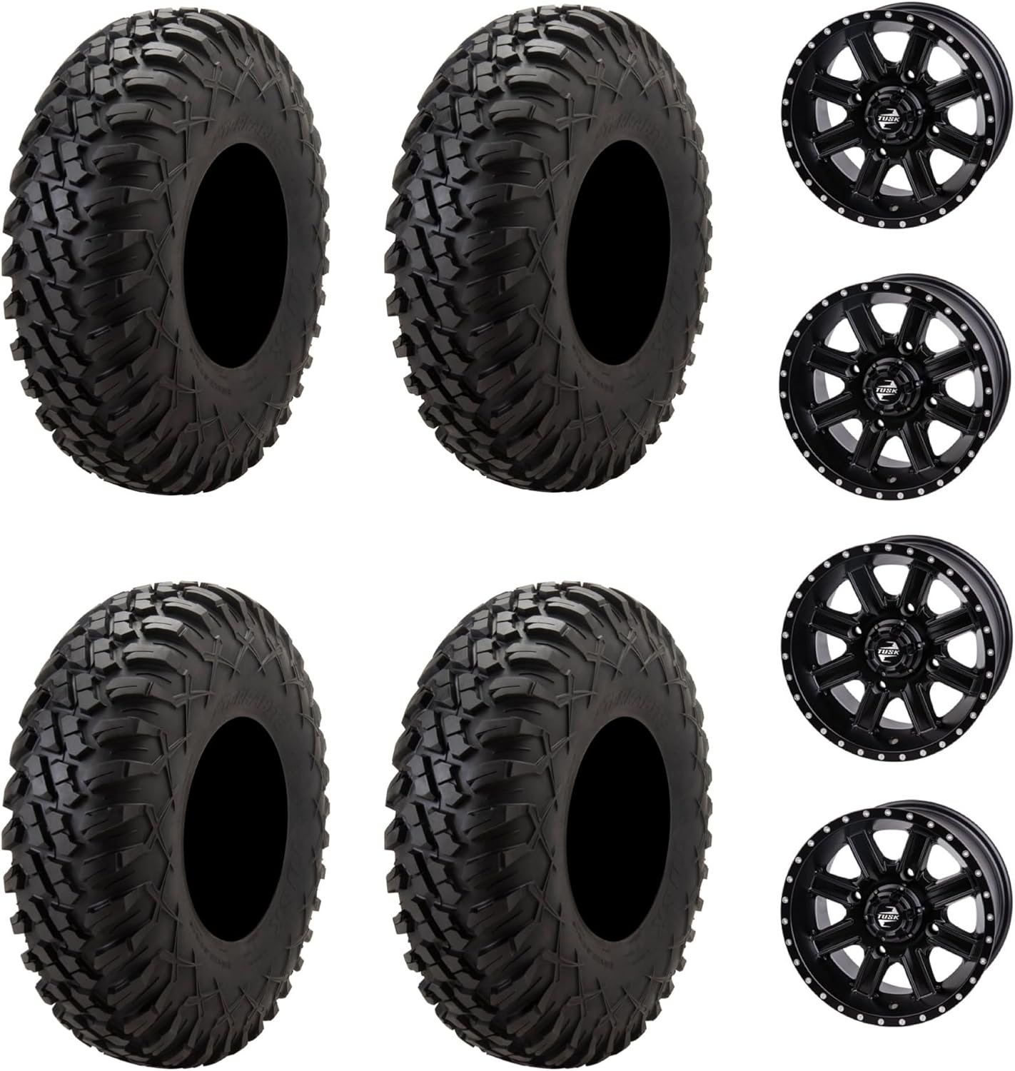Tusk Racing Four 32x10-14 TERRABITE Heavy Duty 8-Ply Radial UTV Tires mounted on Tusk CASCADE Wheels - For POLARIS applications - 4/156 bolt pattern - Includes Lug Nuts (4+3 Offset, Matte Black)