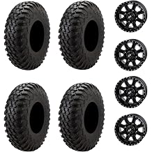Four 28x10-14 Tusk TERRABITE 8-Ply Radial UTV Tires mounted on Tusk CASCADE Wheels - For the HONDA PIONEER 1000 Series UTV - 4/137 bolt pattern - Includes Lug Nuts 4+3 Wheel Offset, Machined/Black